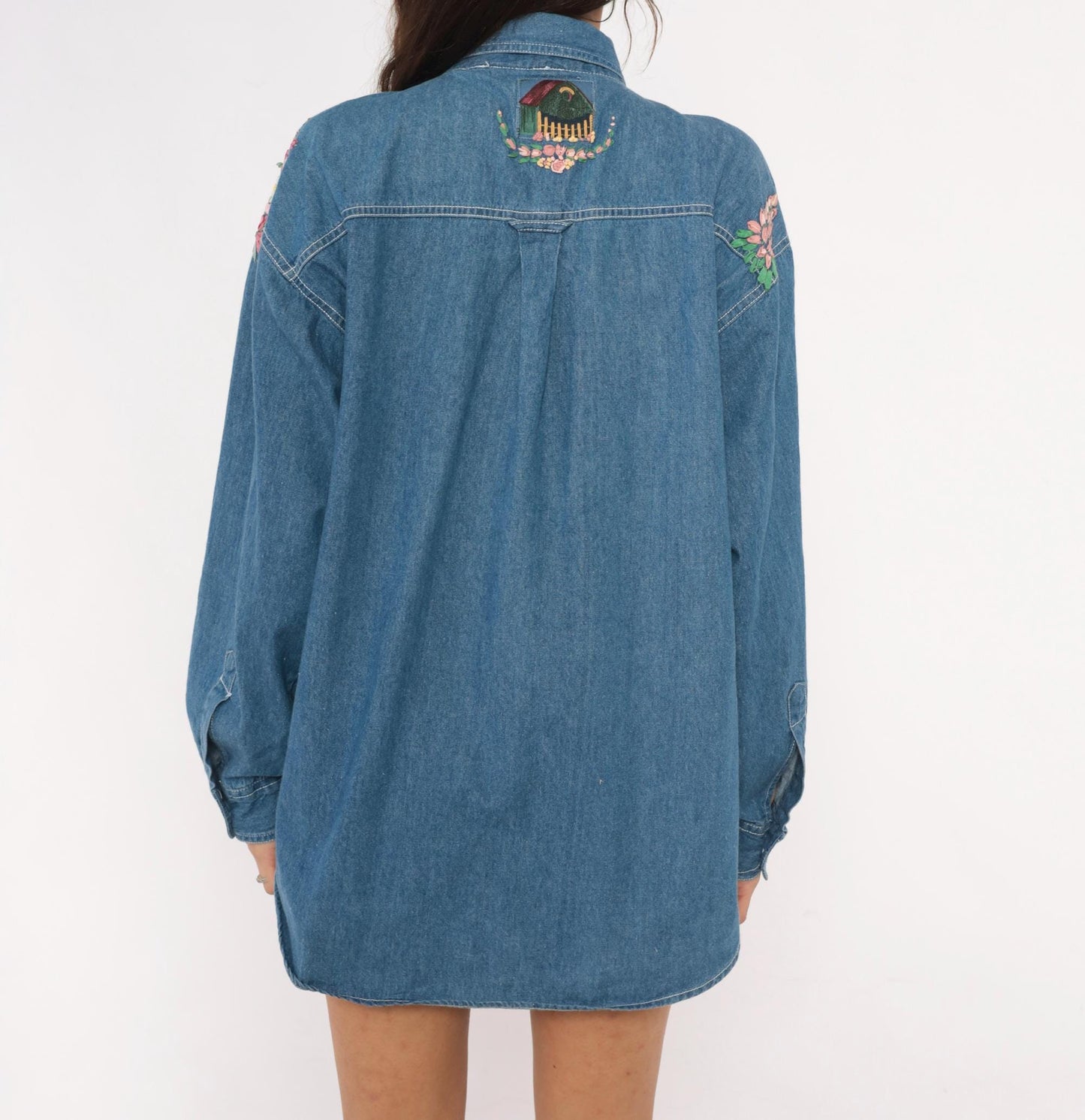 90s Short Circuit Blues Denim Shirt Hand-Painted Floral Garden Multicolor Large L