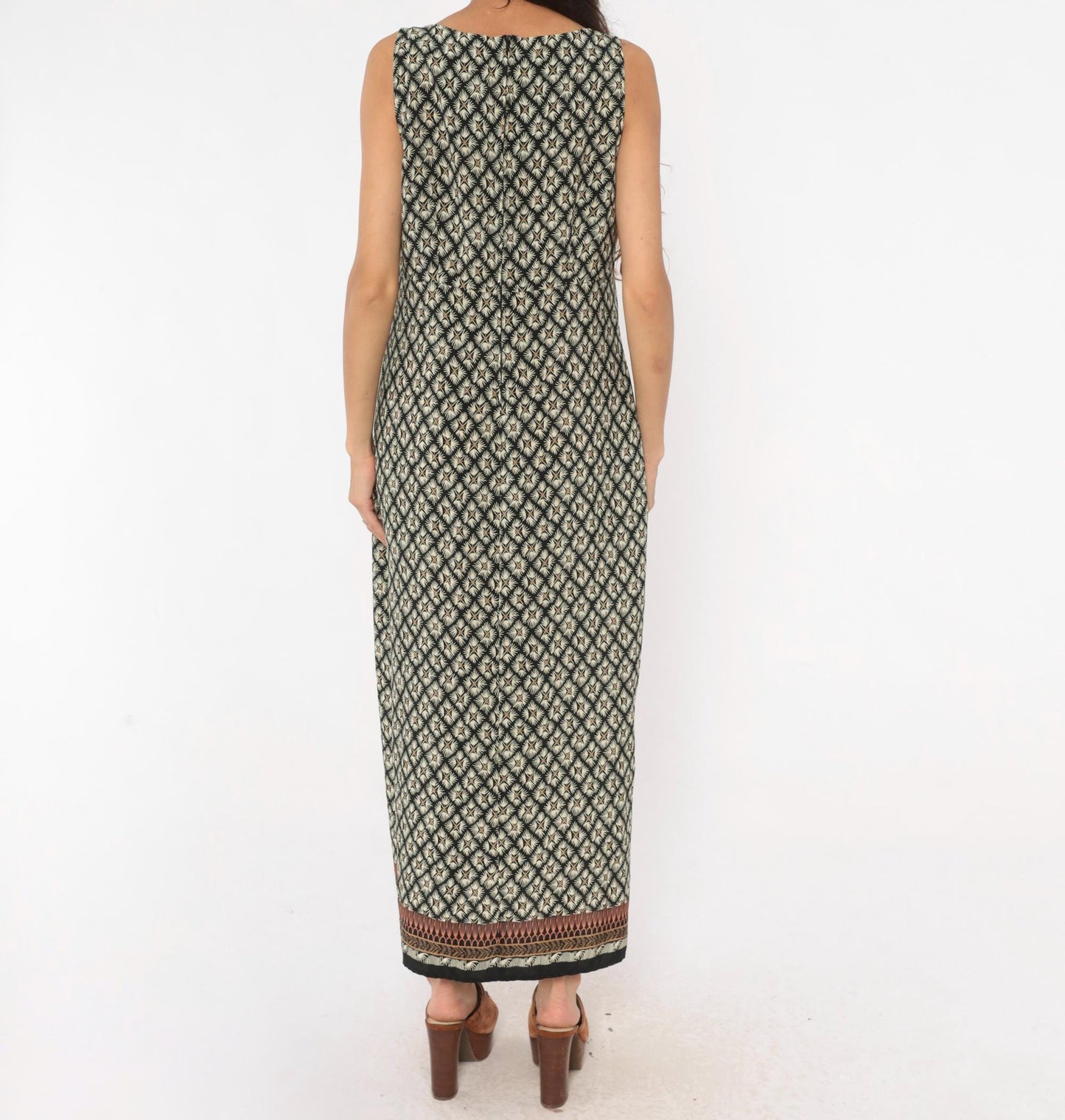 90s Dorée Collections Diamond Lattice Maxi Dress Black Cream Keyhole Large L