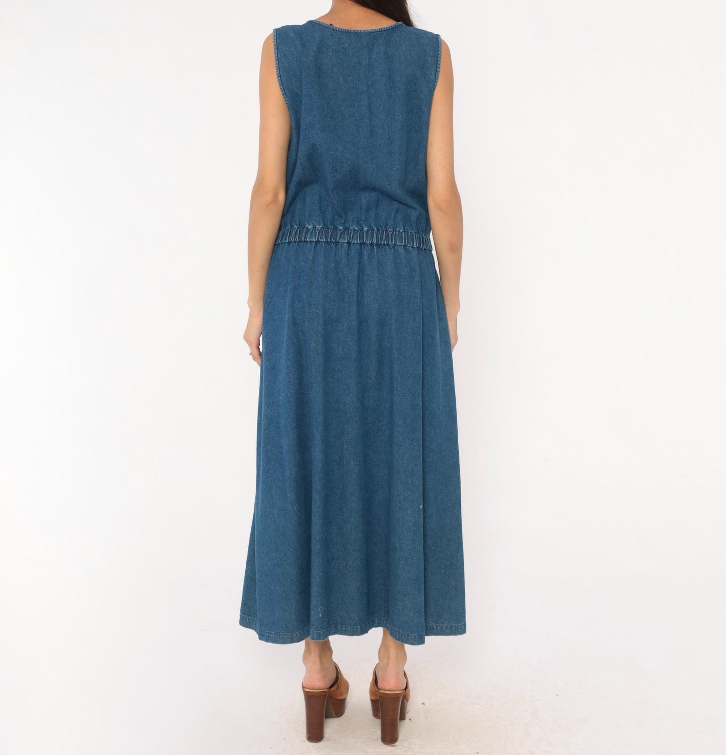 90s Eddie Bauer Denim Maxi Dress Sleeveless Button Front Blue Cotton Large L
