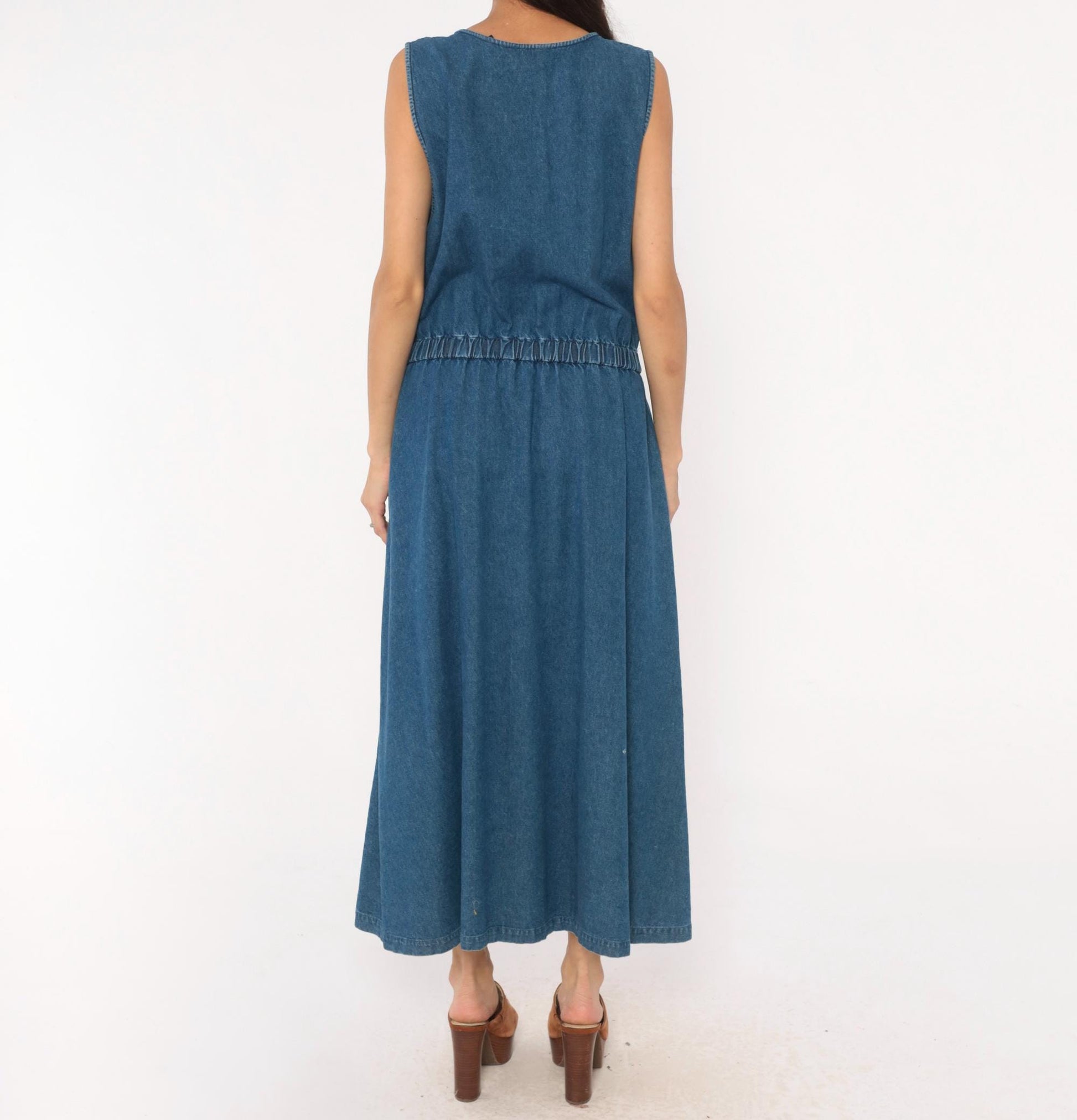 90s Eddie Bauer Denim Maxi Dress Sleeveless Button Front Blue Cotton Large L