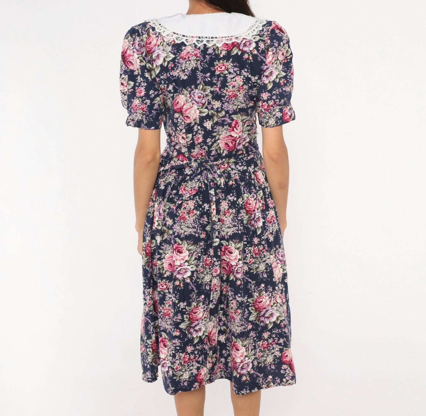 90s Especially Yours Navy Floral Midi Dress Lace Collar Puff Sleeve Medium M