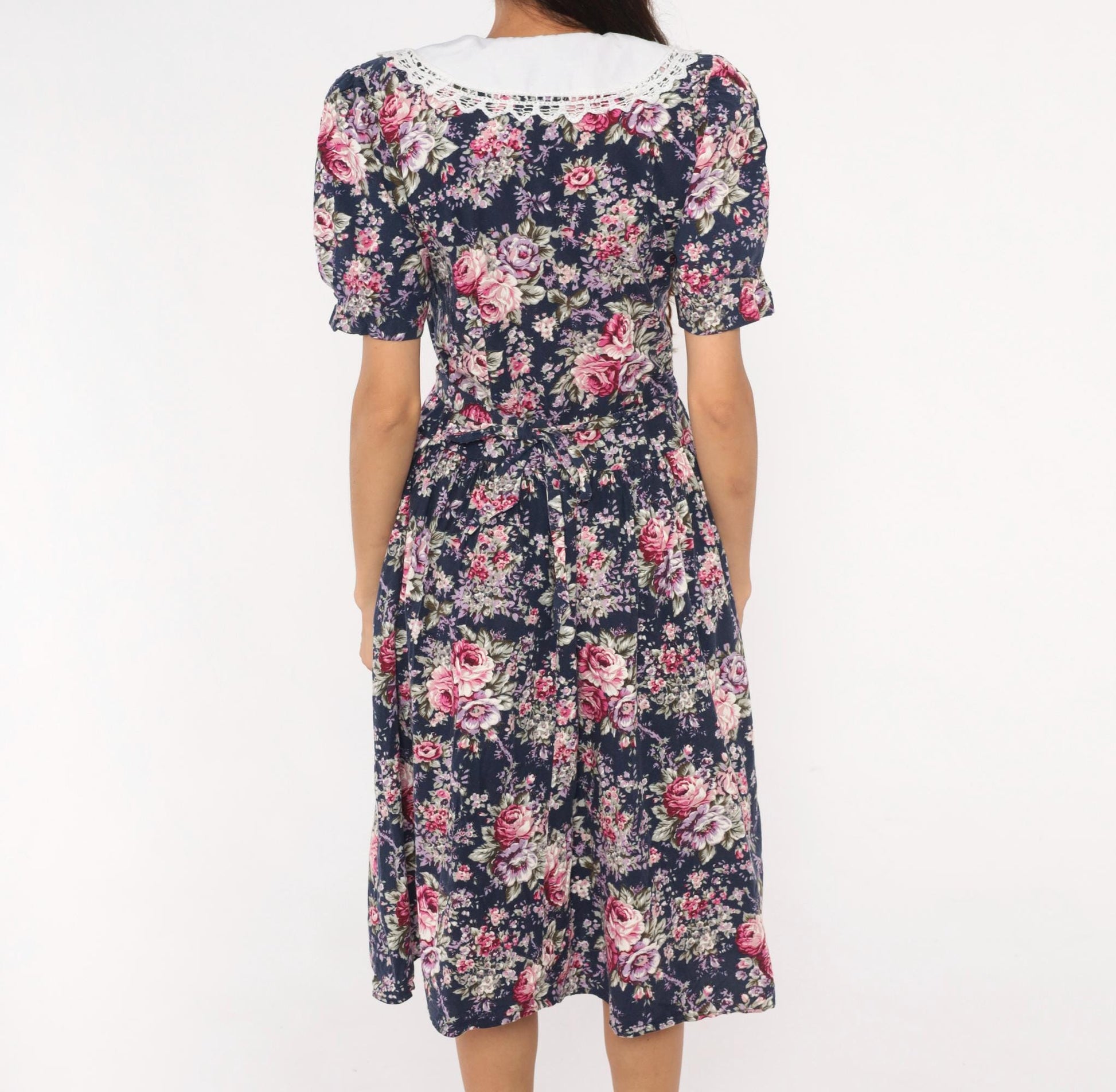 90s Especially Yours Navy Floral Midi Dress Lace Collar Puff Sleeve Medium M