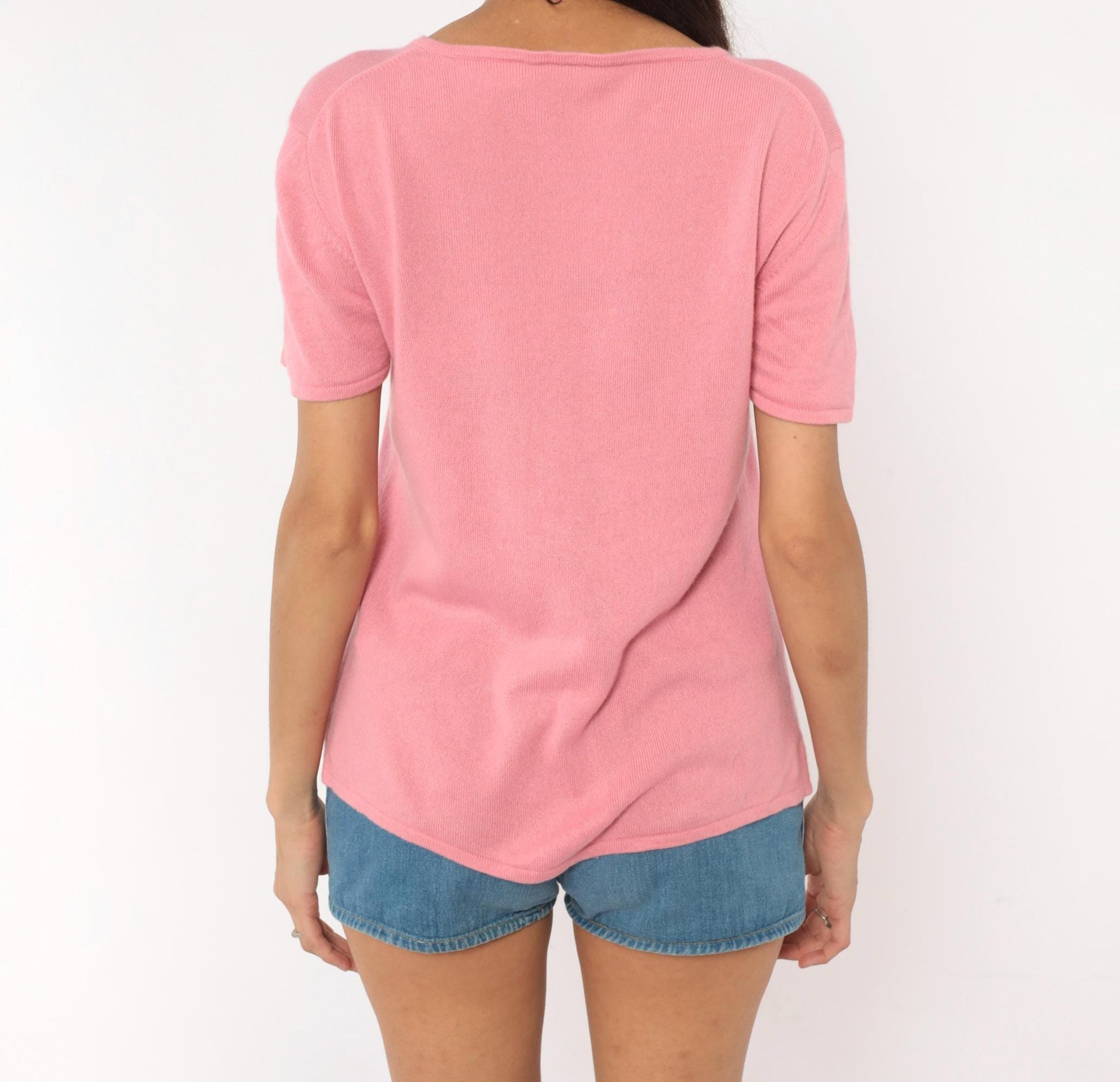 Y2K Rose Silk Cashmere Knit Tee Pink Scoop Neck Short Sleeve Large L