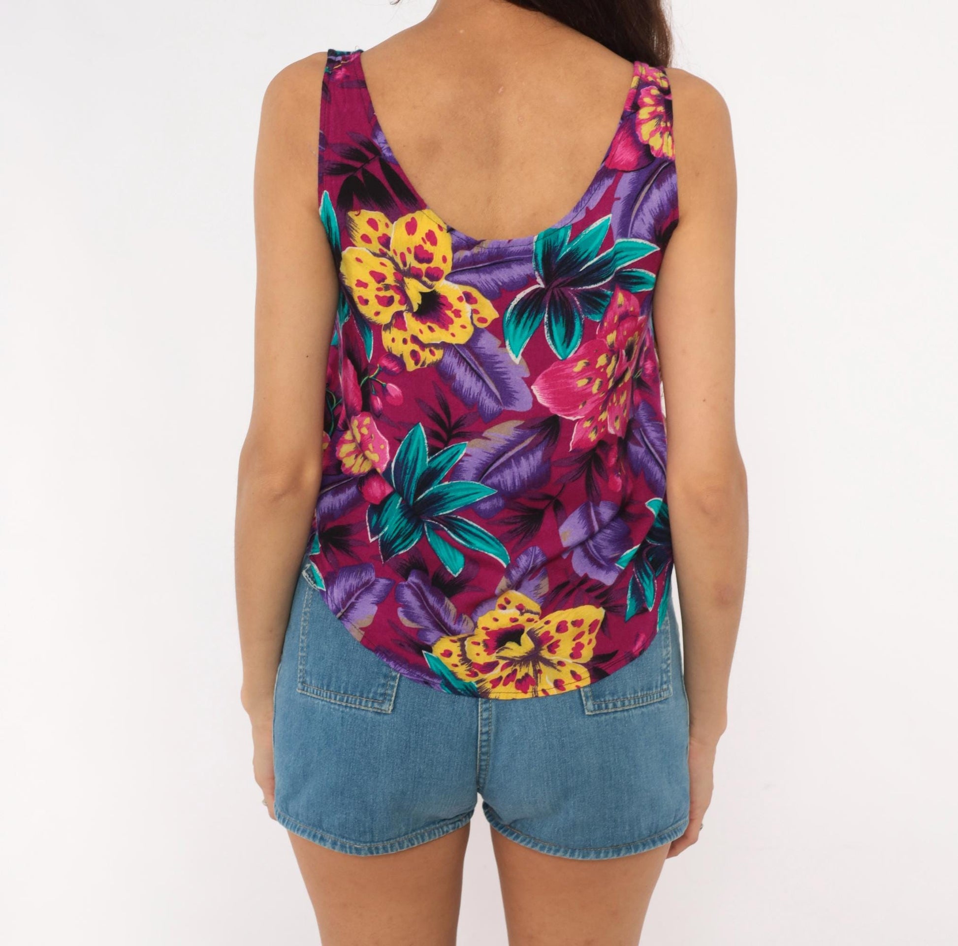 90s Judy Knapp Tropical Floral Tank Top Magenta Purple Rayon Extra Small XS