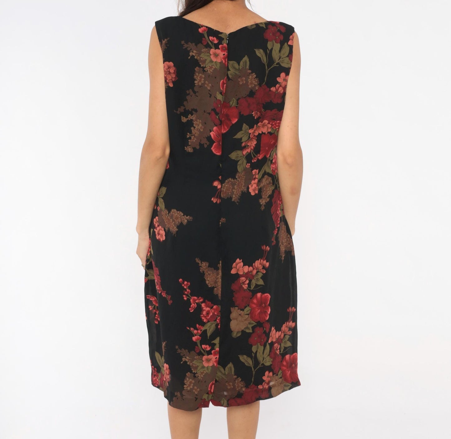 90s David Warren Floral Shift Dress Black Red Roses Knee-Length Large L