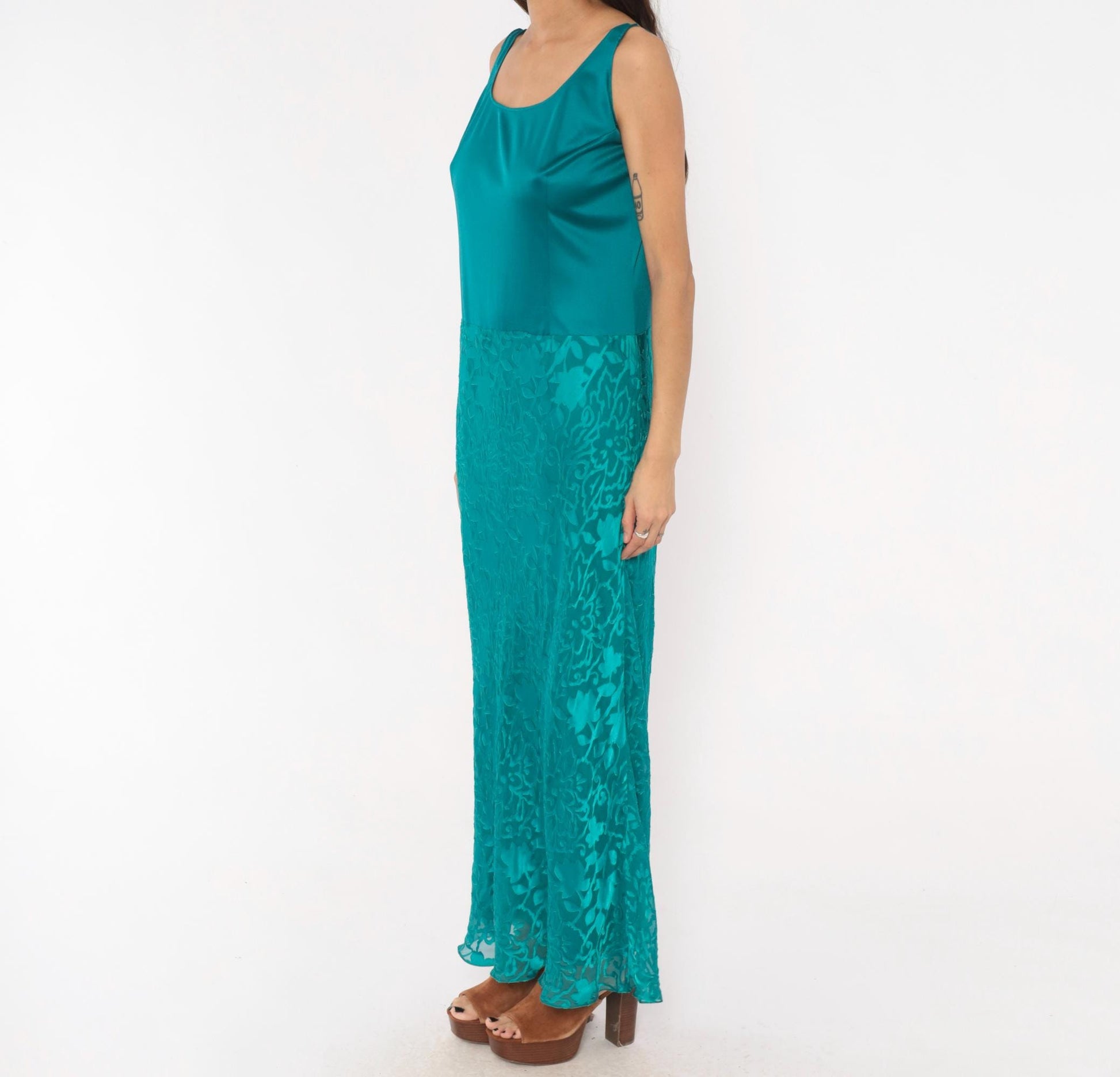 Y2K Cattiva Teal Silk Burnout Maxi Dress Floral Devore Scoop Neck Medium M