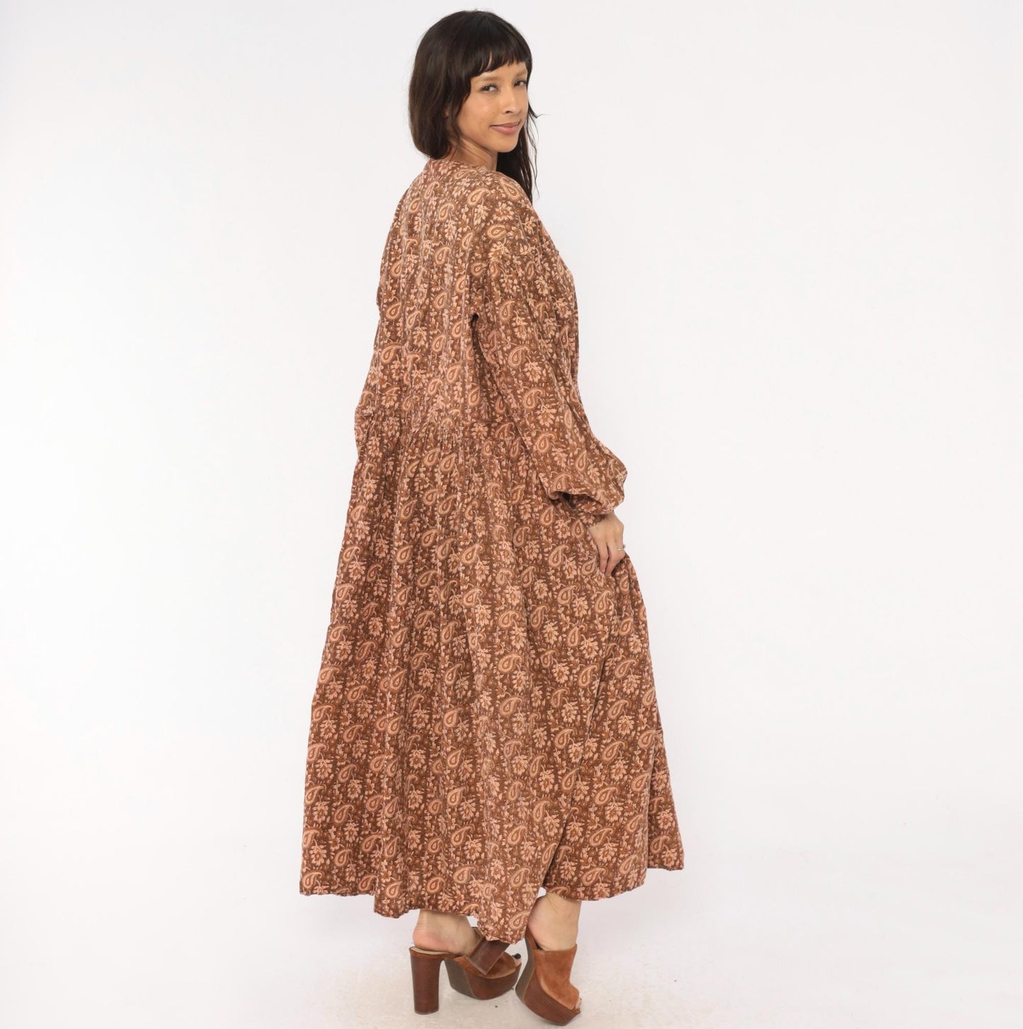 90s Brown Paisley Floral Maxi Dress Cotton Button Front Balloon Sleeve Large
