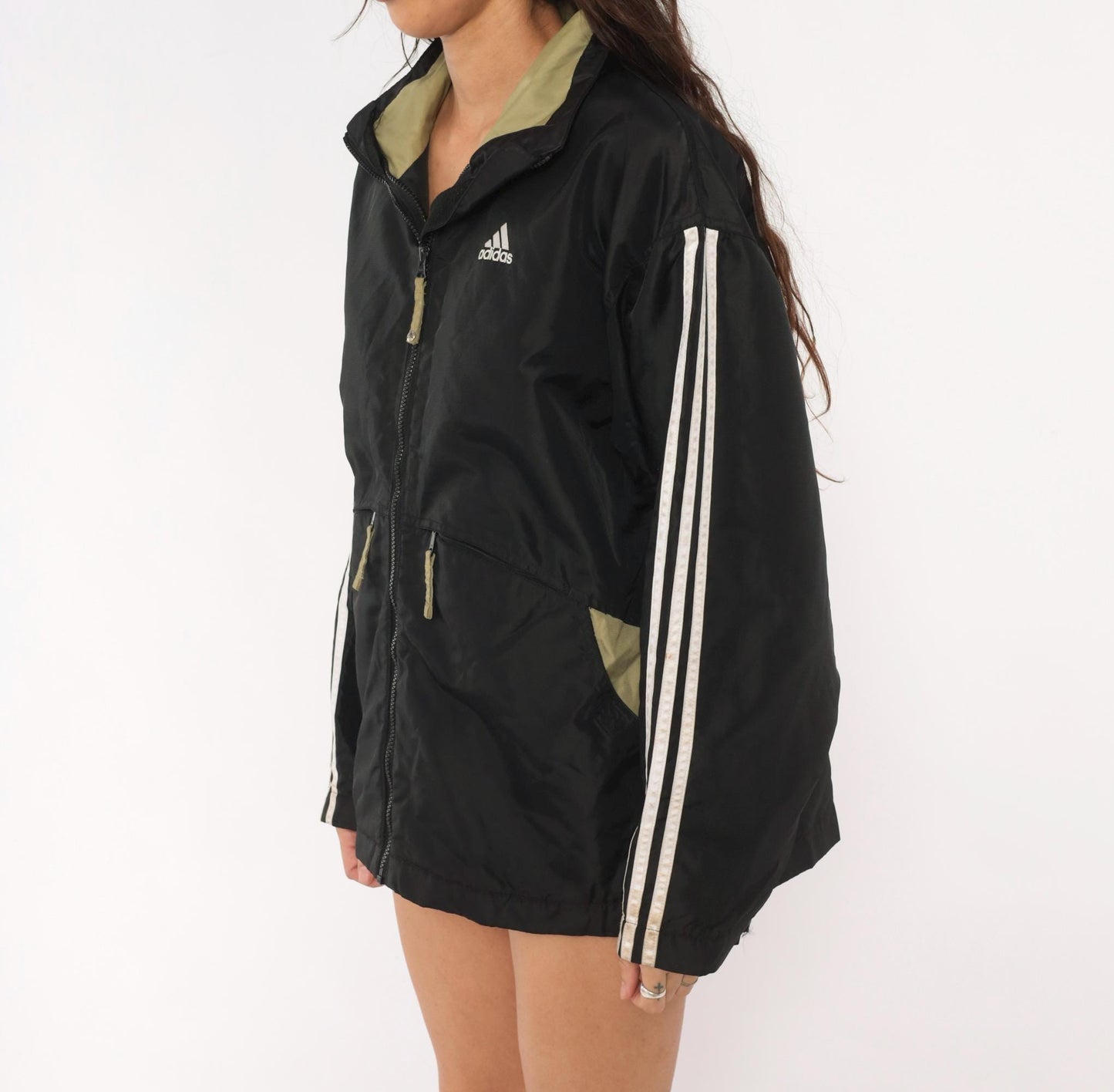 90s Adidas Windbreaker Black Olive Three Stripe Hooded Nylon Jacket Medium M