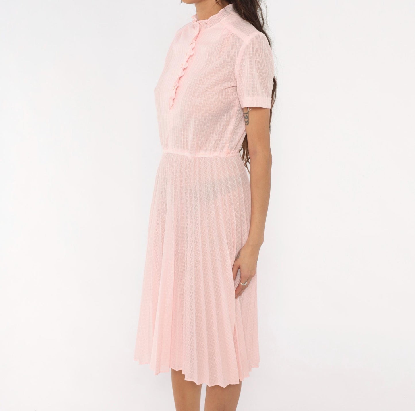 70s Blush Pink Shirtdress Pleated Midi Ruffled Collar Puff Sleeve Small S