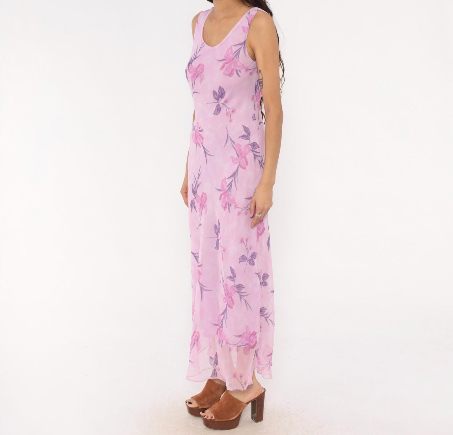 90s Sharon Max Lilac Floral Chiffon Maxi Dress Sleeveless Scoop Neck Small S