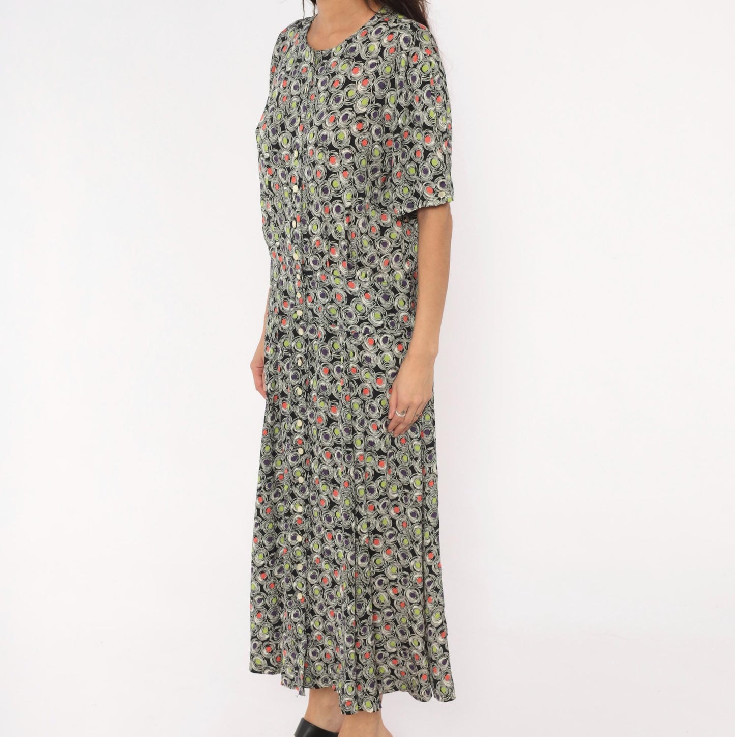 90s Liz Claiborne Maxi Dress Abstract Swirl Print Black Purple Green Coral Large L
