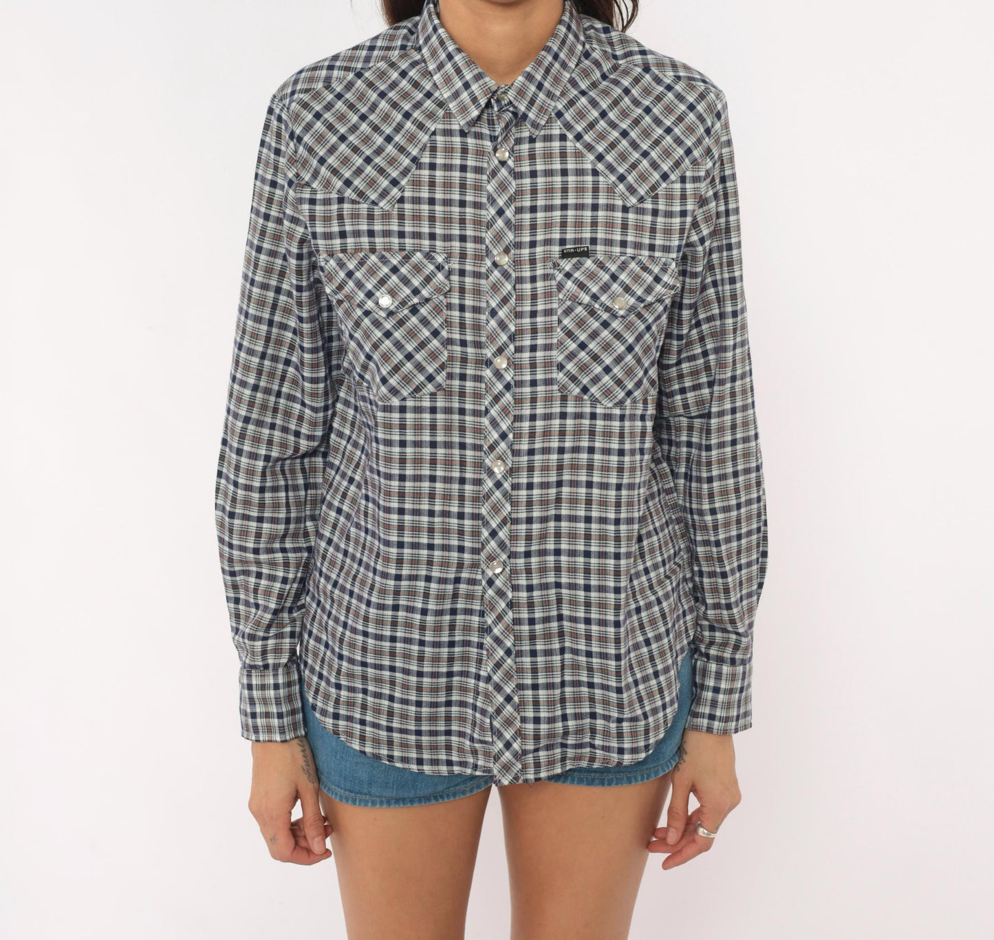 80s Stir Ups Western Plaid Pearl Snap Shirt Navy White Check Cotton Medium