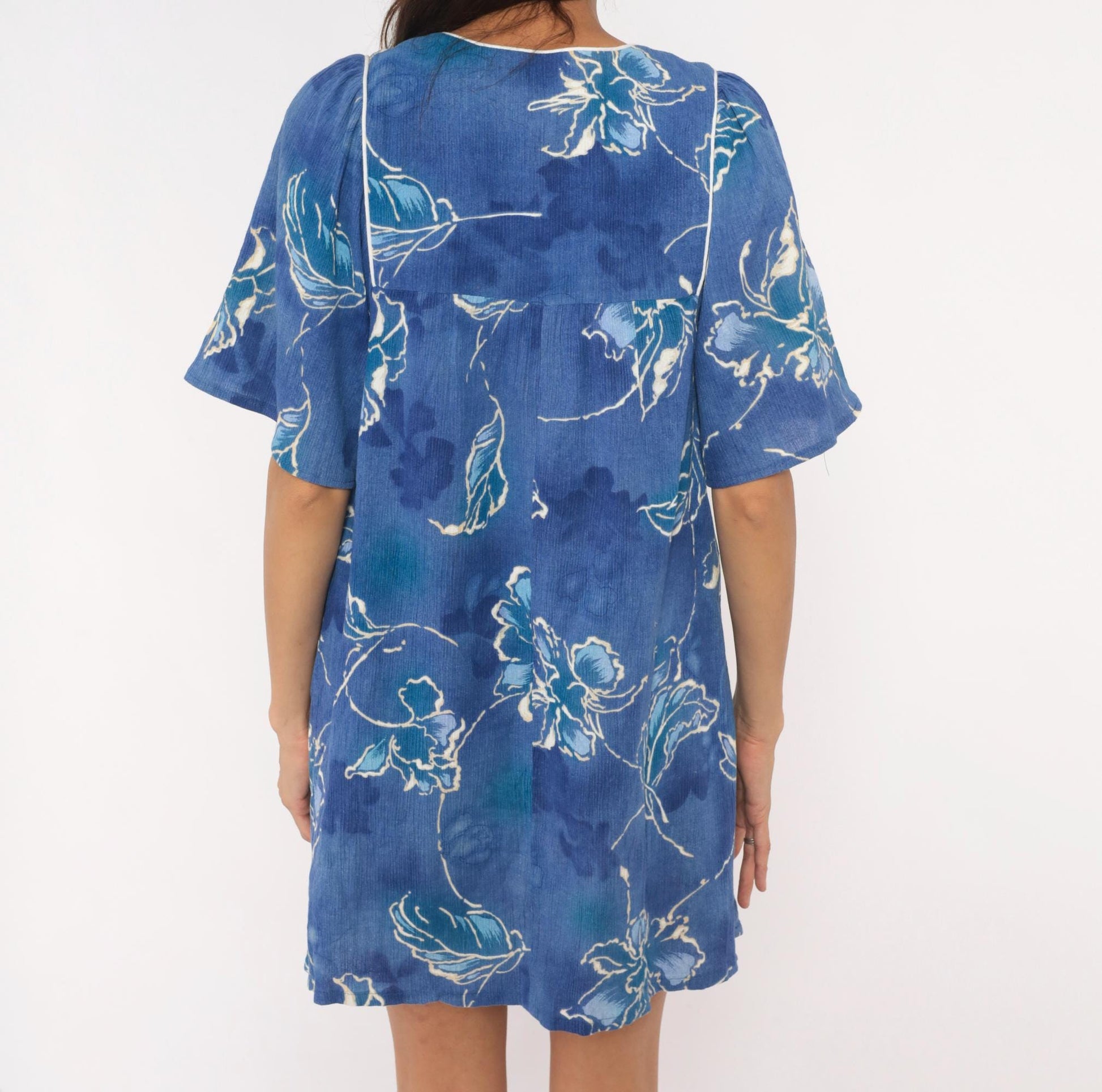 80s Sidan Blue Floral Shift Dress Flutter Sleeve Empire Waist Medium M
