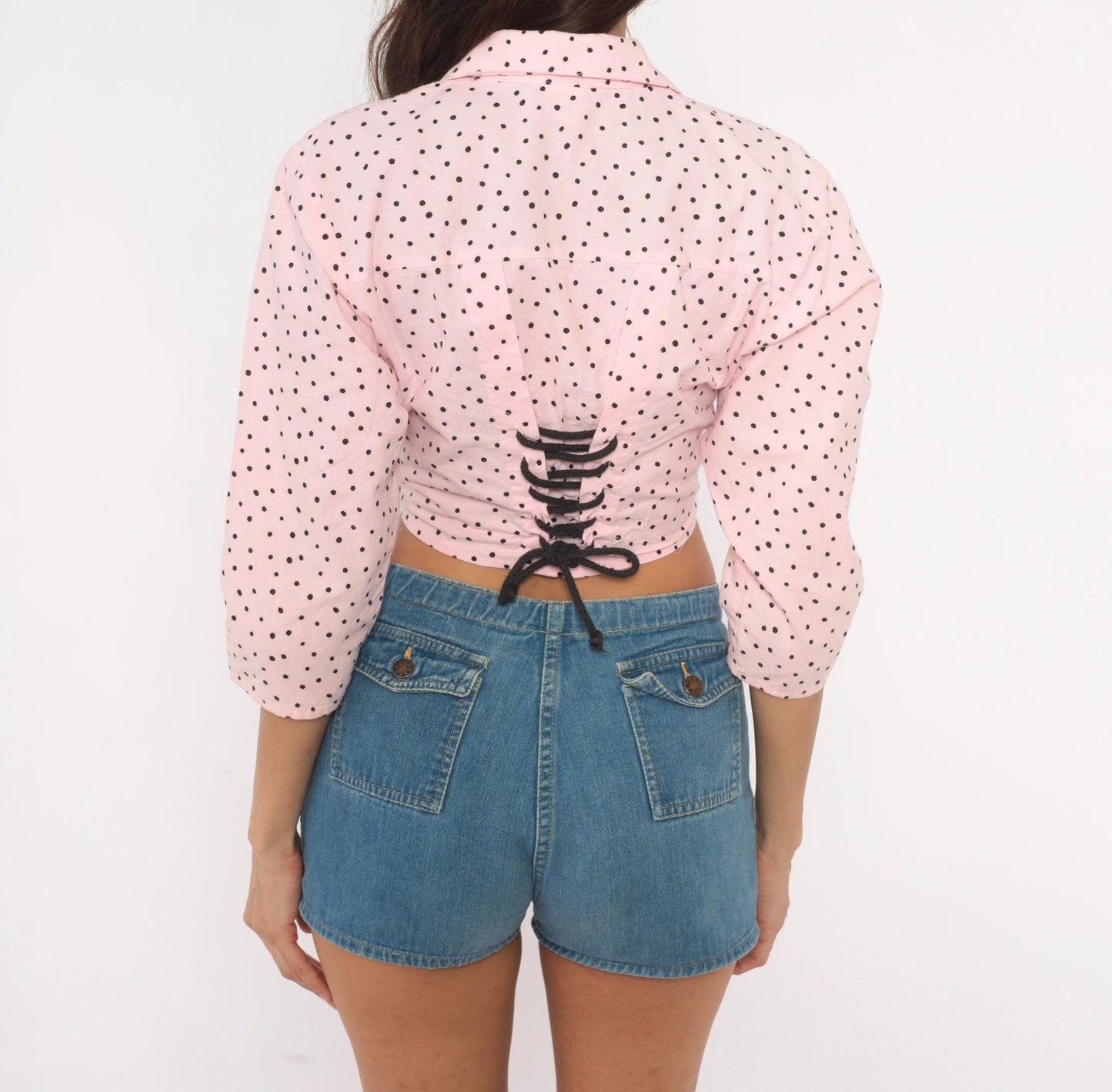 90s Sitting Pretty Pink Black Polka Dot Crop Top Cotton Button Front Small S