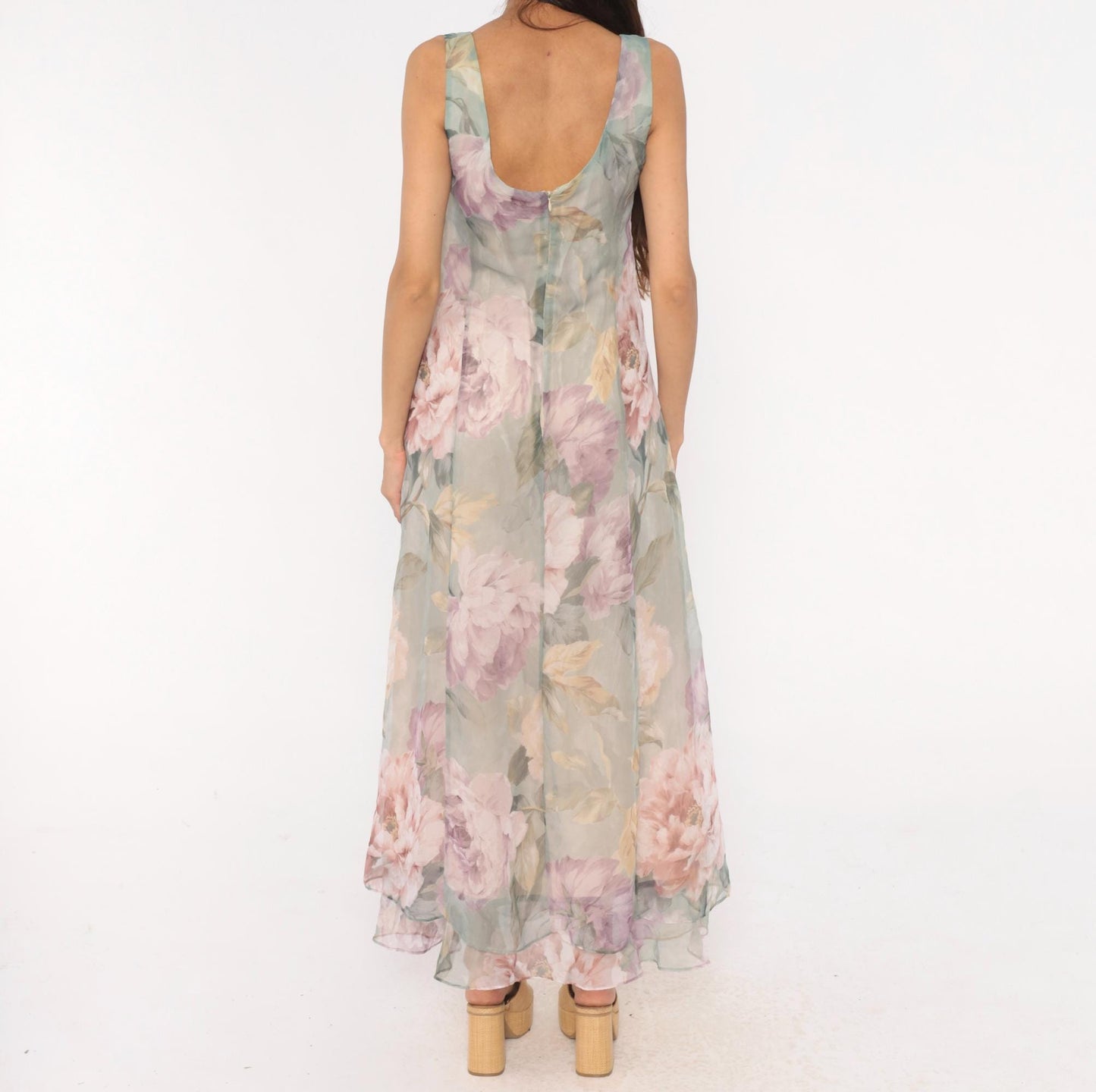 90s Hampton Nites Floral Maxi Dress Sage Pink Chiffon Sleeveless Medium M