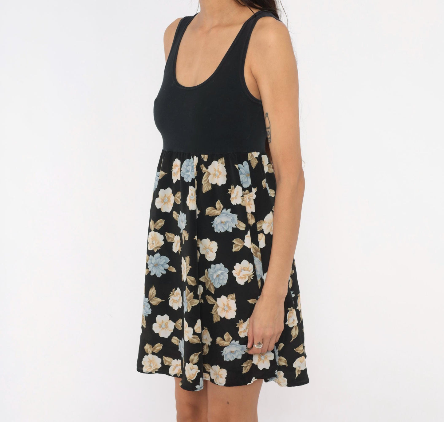 90s Floral Babydoll Mini Tank Dress Black Blue Cream Medium M