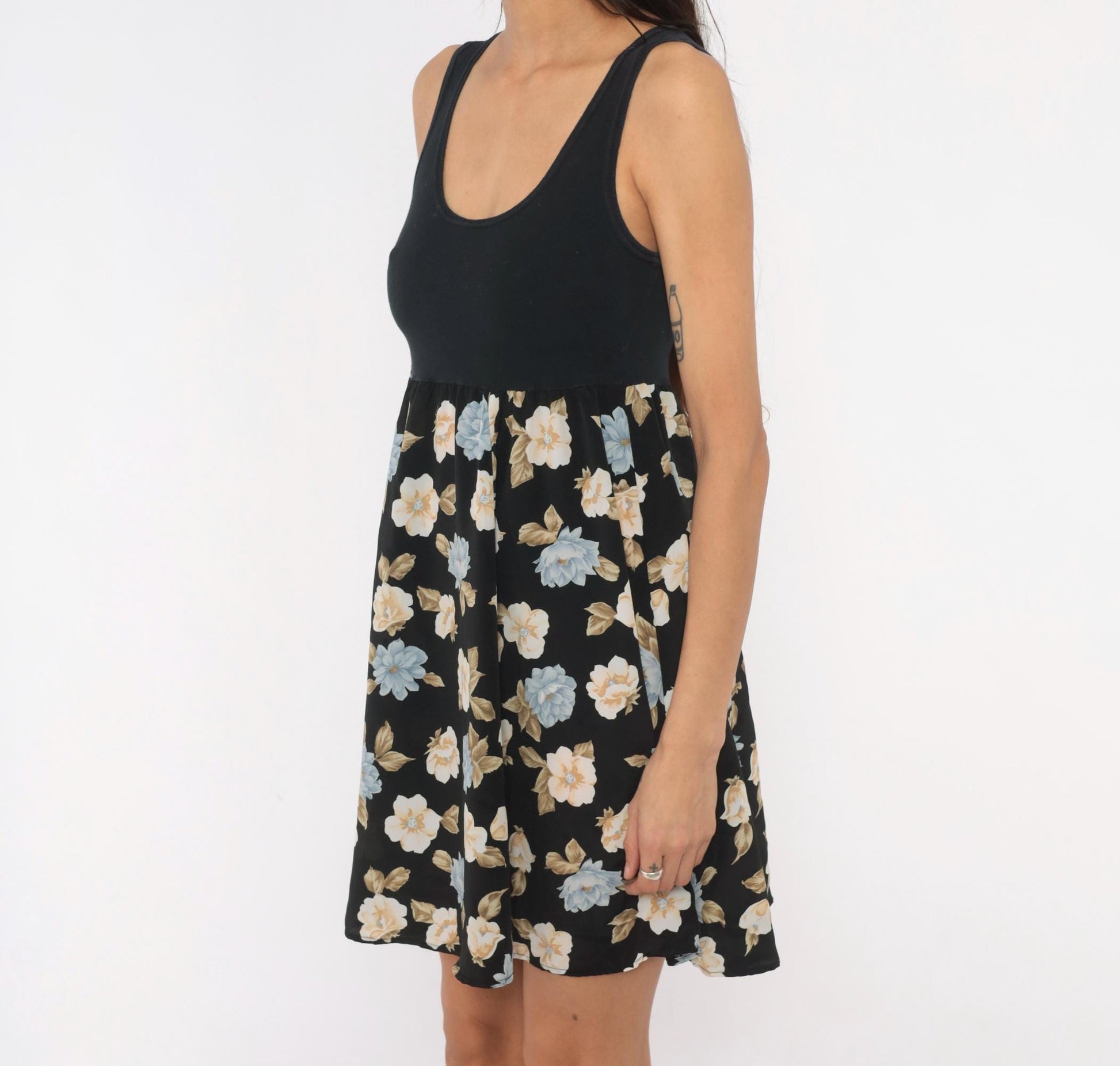 90s Floral Babydoll Mini Tank Dress Black Blue Cream Medium M