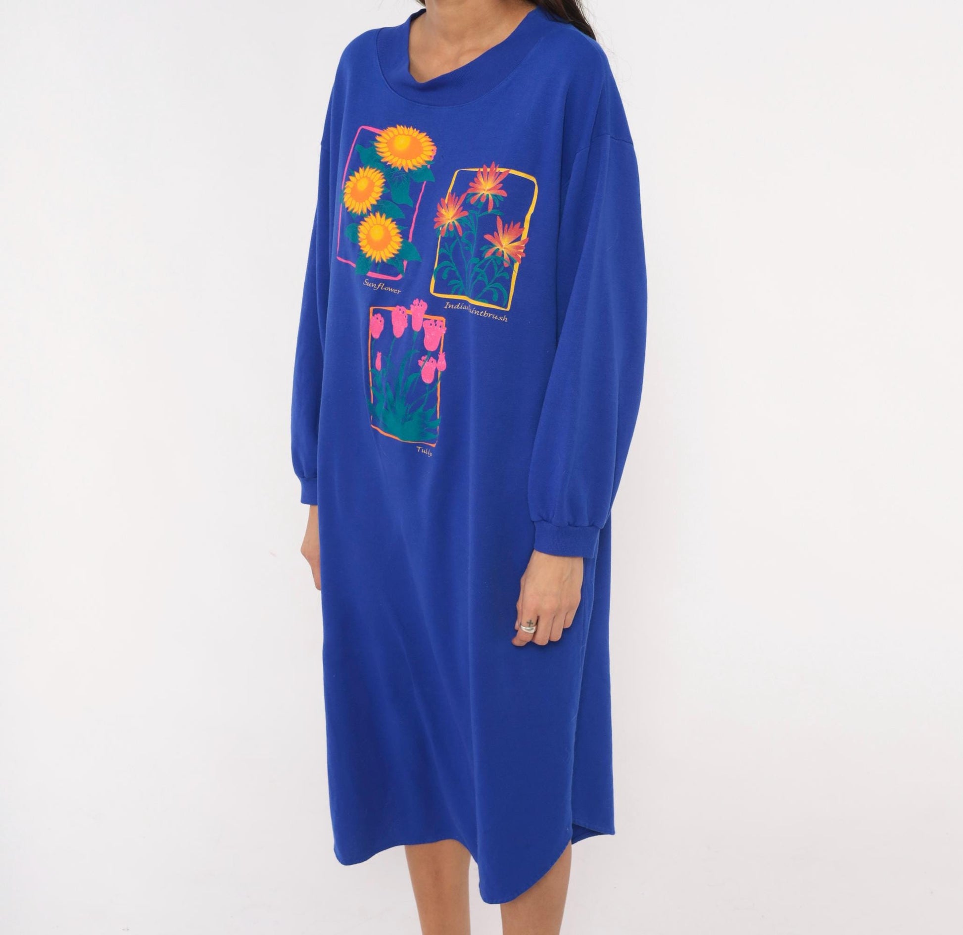 90s Leisure Wear Floral Sweatshirt Dress Cobalt Blue Balloon Sleeve Midi