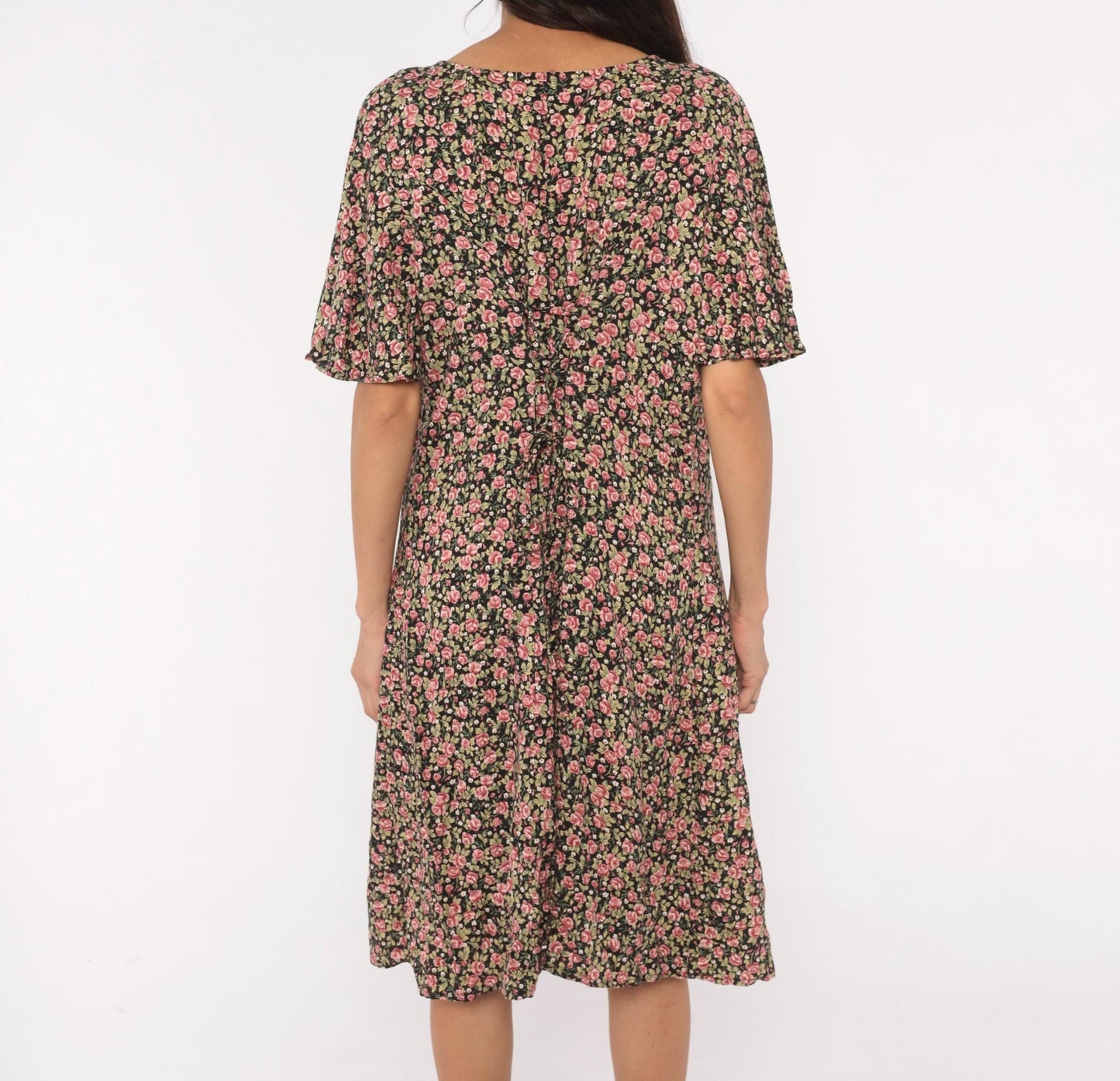 90s Ulterior Motives Floral Dress Black Pink Rose Print V Neck Flutter Sleeve Knee Length Large
