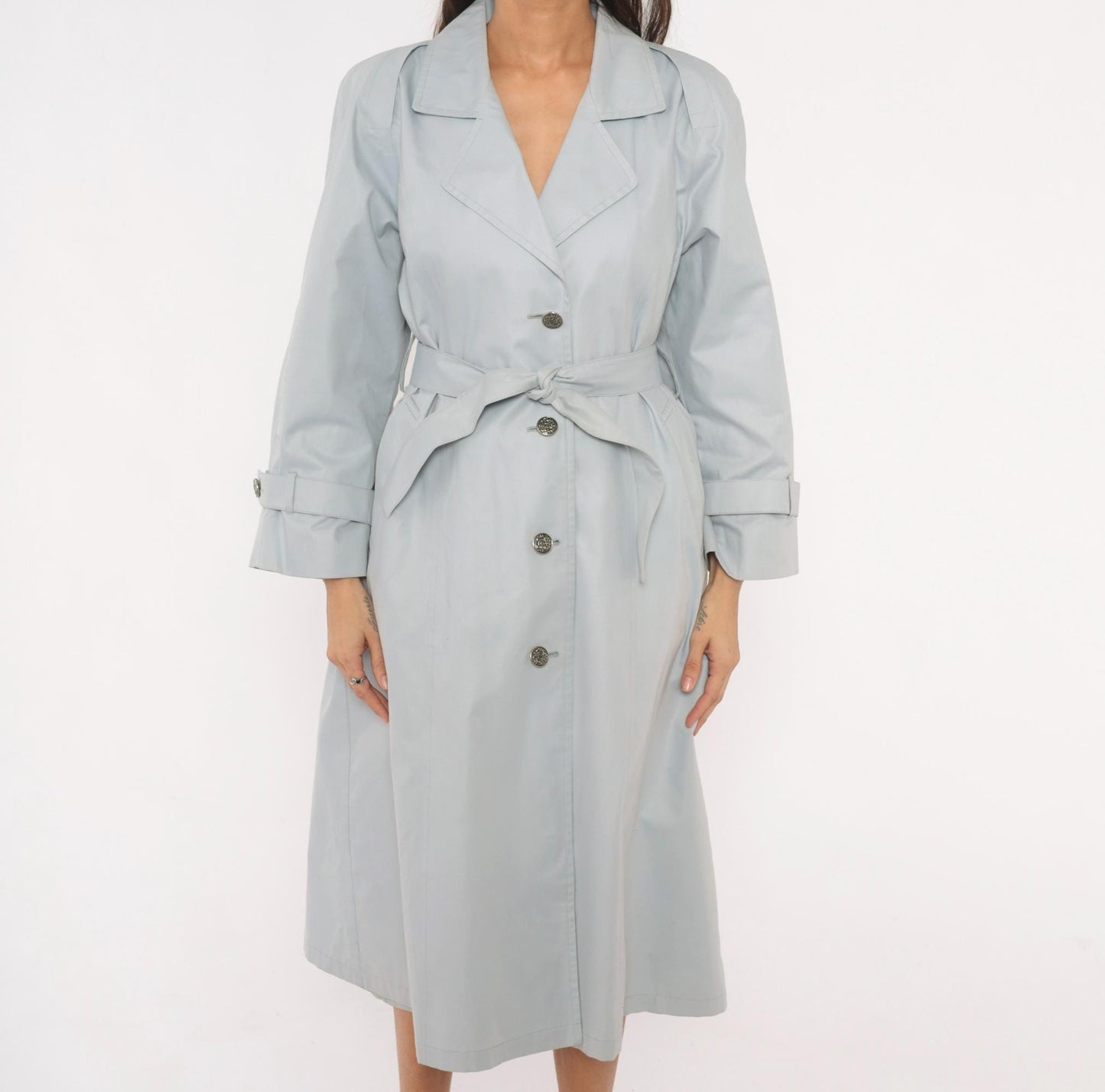 80s London Fog Trench Coat Blue Grey Belted Single Breasted Medium