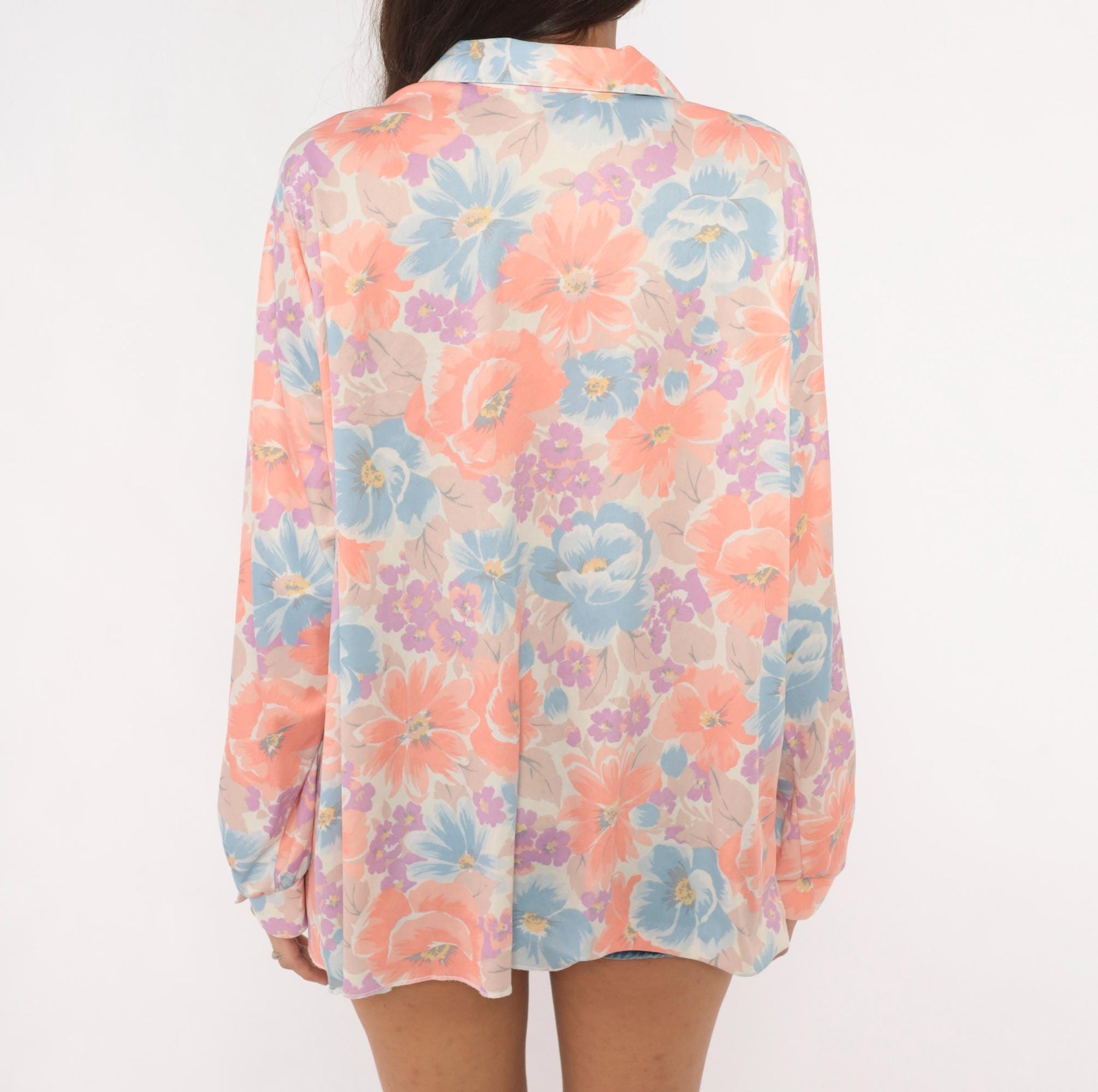 80s The Fire Islander Woman Floral Button Blouse Coral Periwinkle Large L