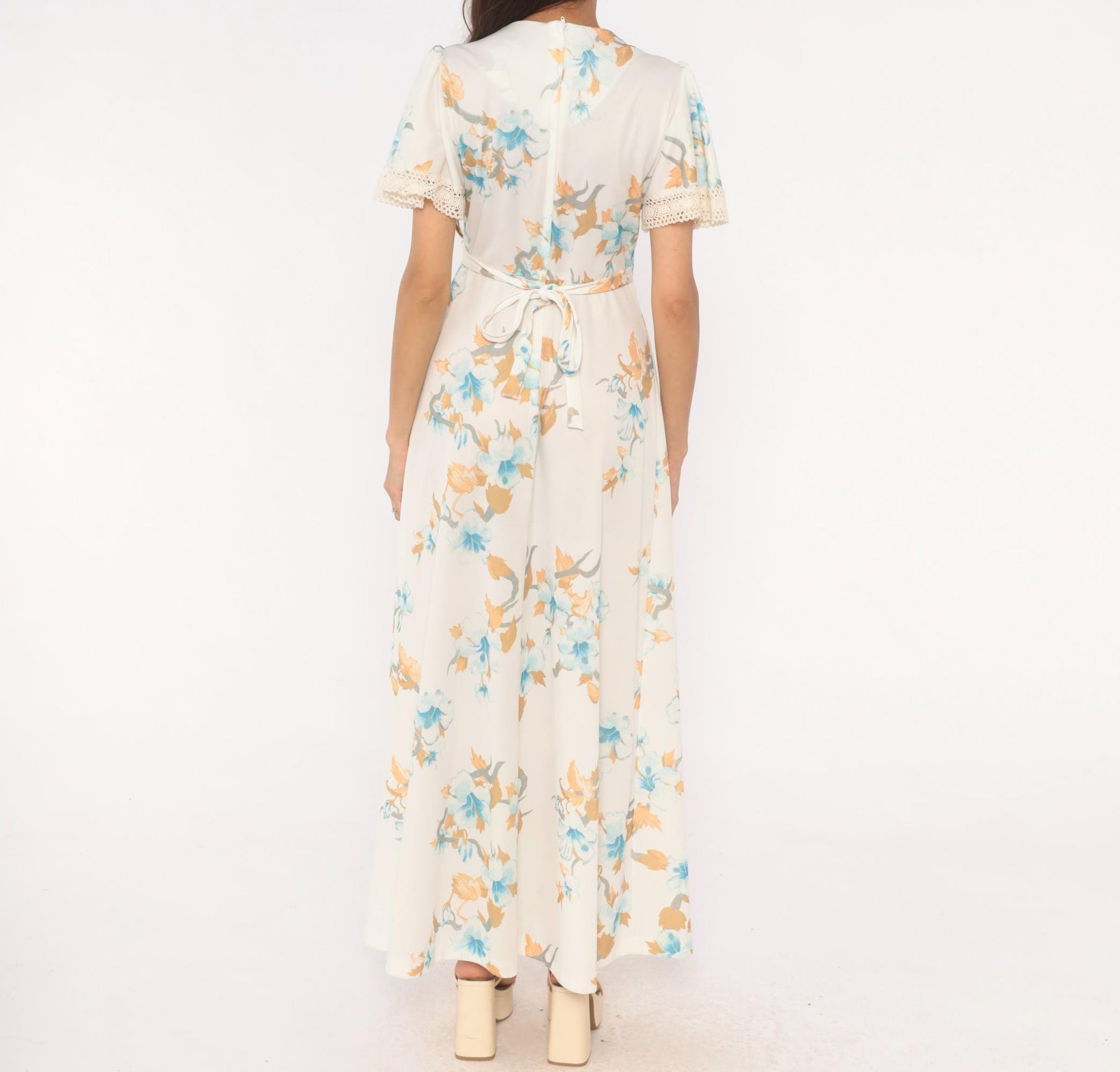 70s Floral Maxi Dress Crochet Lace V-Neck Puff Sleeve Ivory Blue Peach Large
