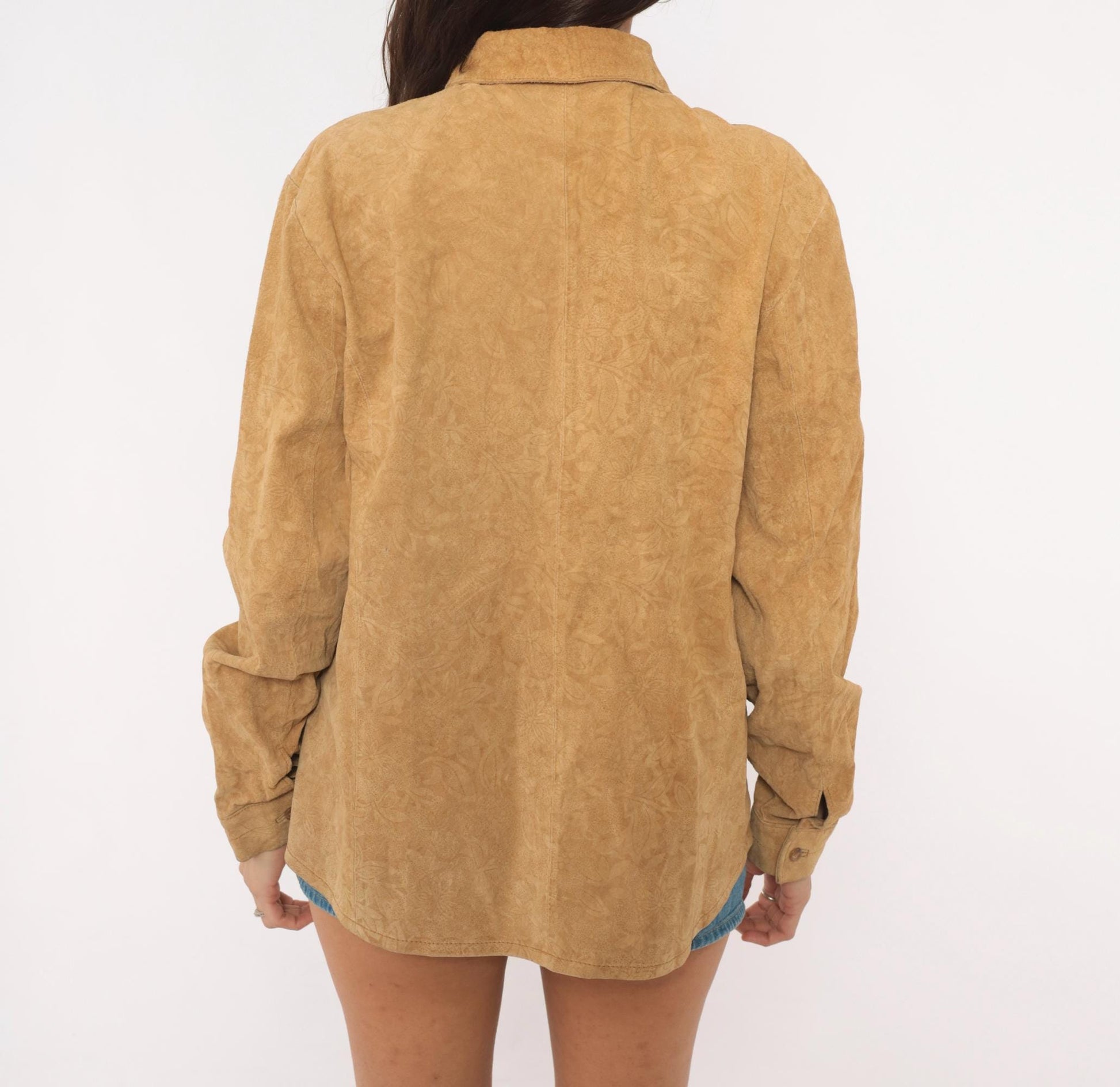 2000s Coldwater Creek Suede Shirt Embossed Floral Camel Button-Front Large L