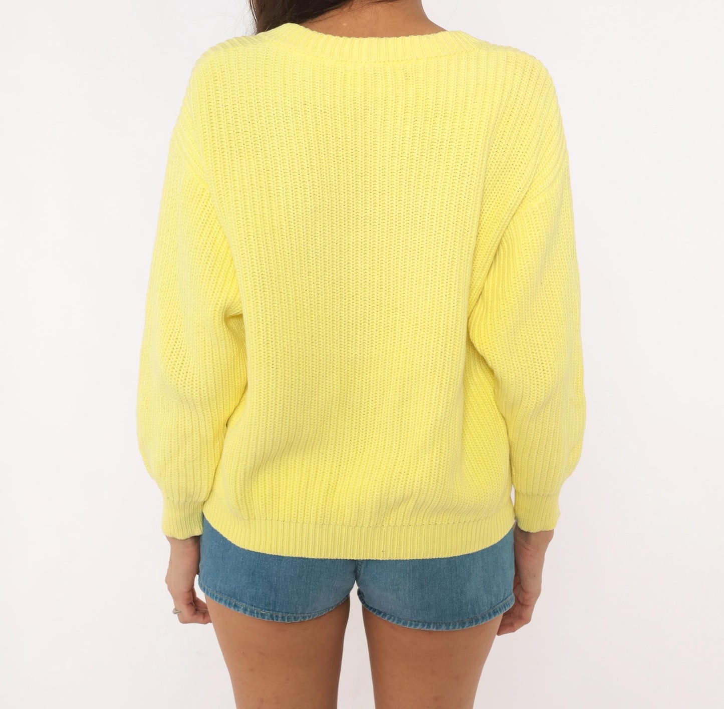 80s Benetton Pale Yellow Cotton Cardigan V-Neck Chunky Ribbed Large L
