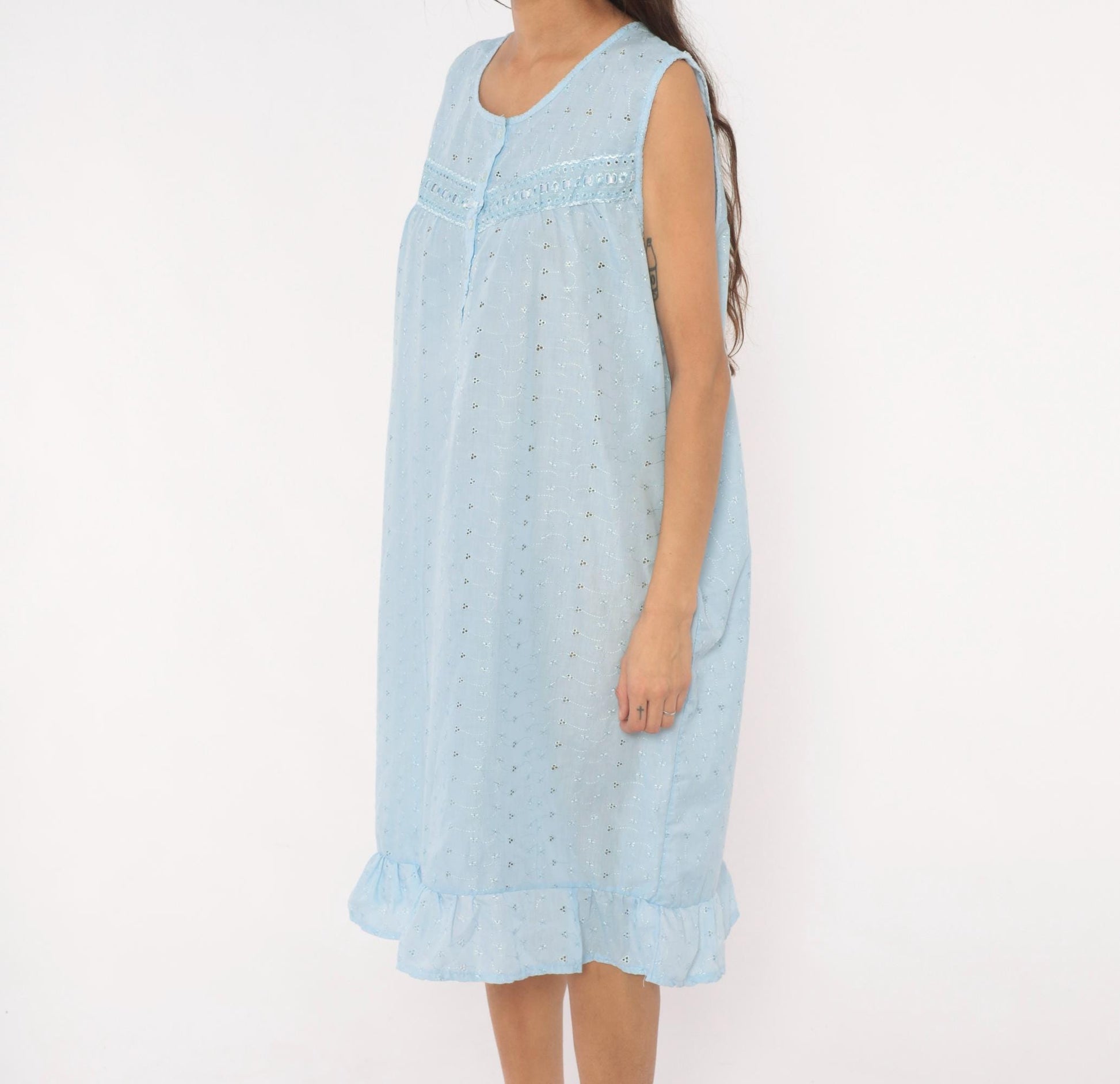 80s Lali Fashion Sky Blue Eyelet Nightgown Babydoll Sleeveless Large L