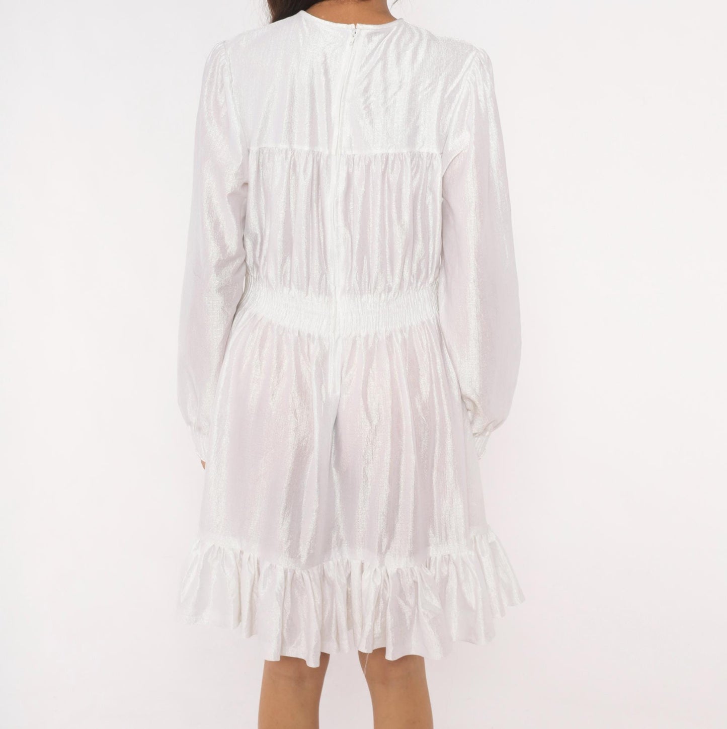 80s White Iridescent Babydoll Dress Puff Sleeve Lace Yoke Mini Medium Large