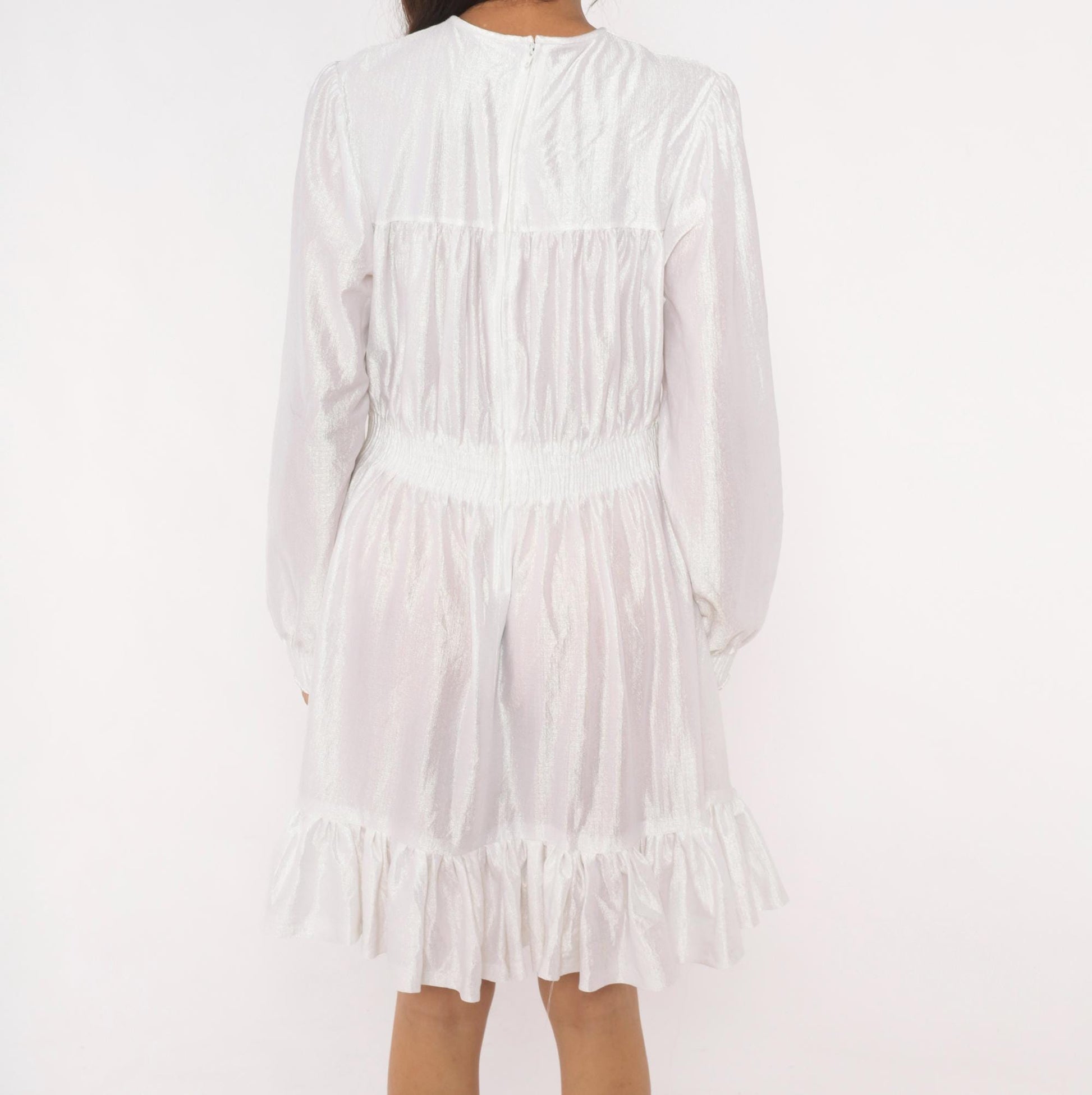 80s White Iridescent Babydoll Dress Puff Sleeve Lace Yoke Mini Medium Large