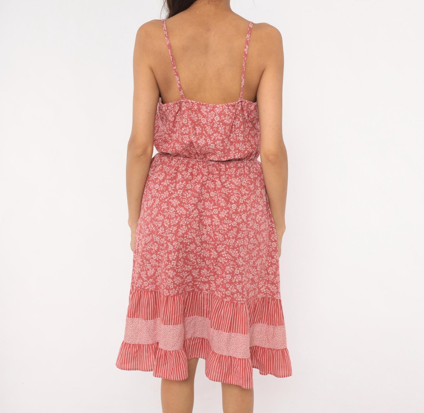 80s Pink Floral Sundress Spaghetti Strap Cotton Drawstring Waist Ruffle Medium M