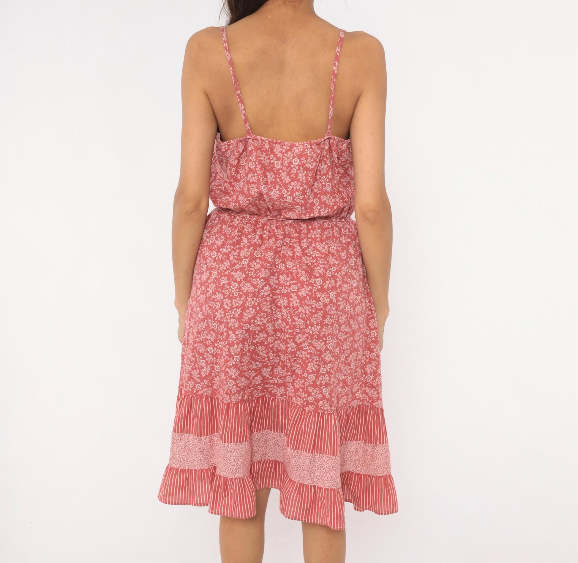 80s Pink Floral Sundress Spaghetti Strap Cotton Drawstring Waist Ruffle Medium M