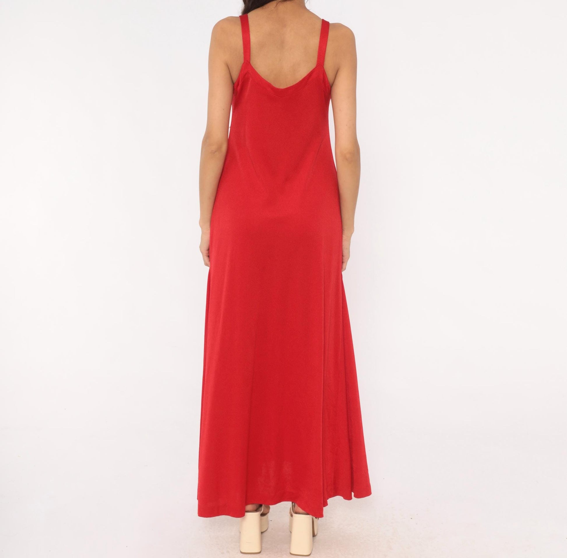 70s Red Maxi Dress V Neck A-Line Slip Gown Strappy Tank Medium M