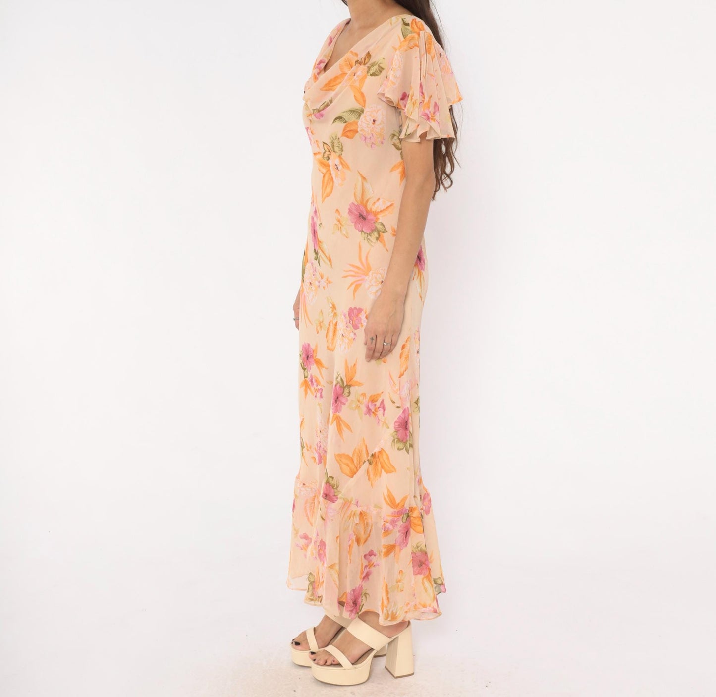 80s Jessica Taylor Peach Floral Maxi Dress Flutter Sleeve Cowl Neck Large L