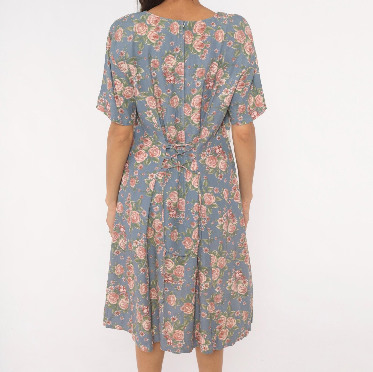 90s Ms. Basia California Floral Dress Dusty Blue Rose Print Flutter Sleeve Large L
