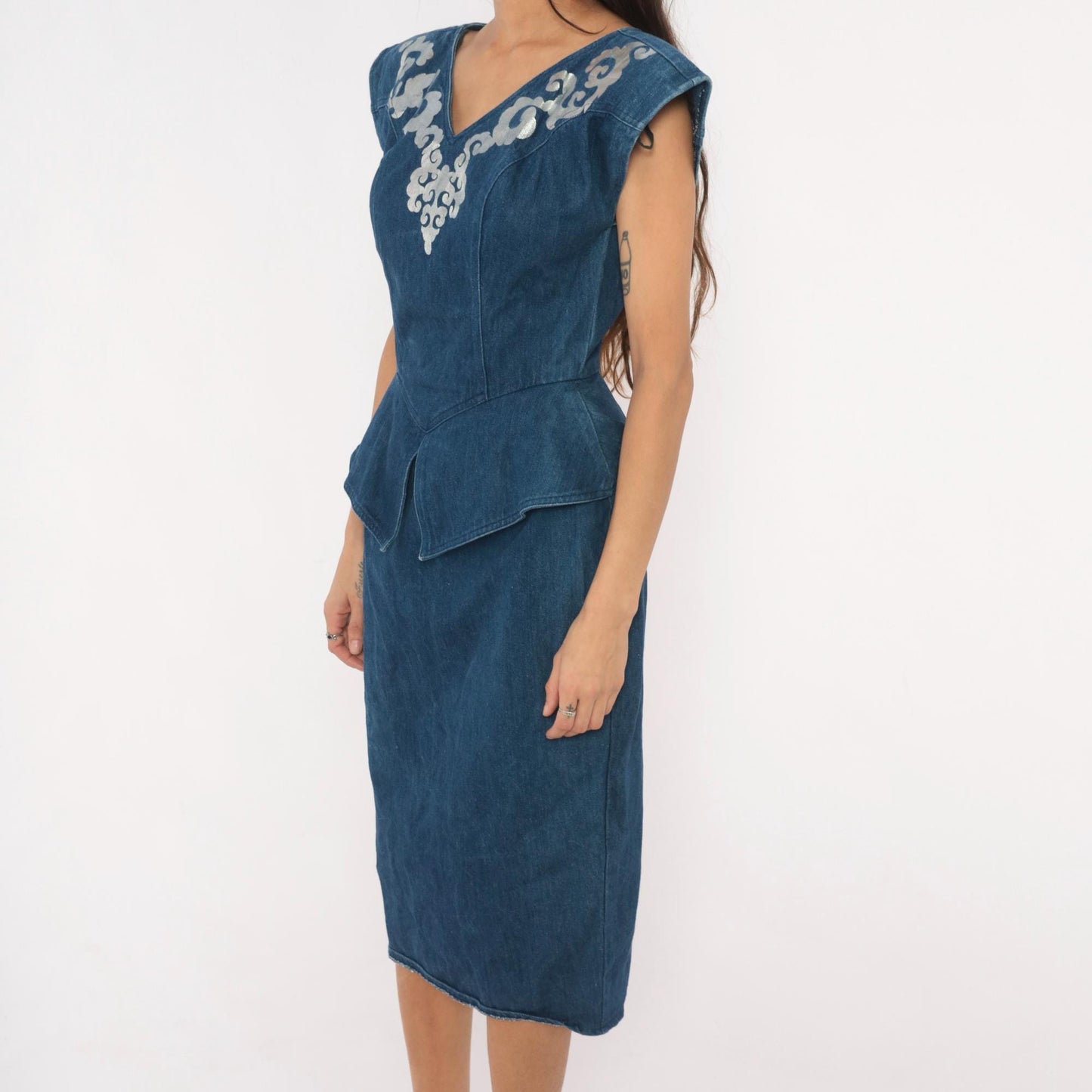 80s Young Edwardian Navy Denim Midi Dress Silver Applique Peplum Small