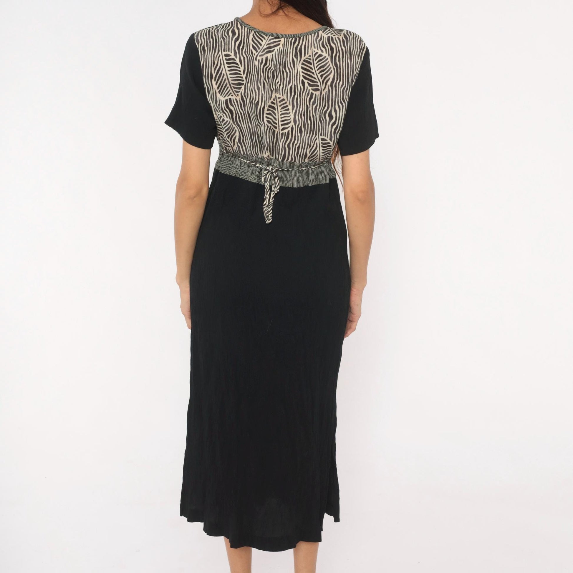 90s Naturally Petite Zebra Leaf Midi Dress Black Cream Floral Small