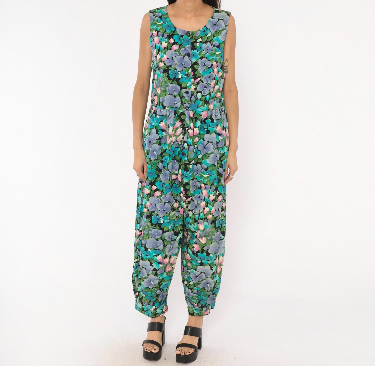 90s Maggie Breen Floral Jumpsuit Sleeveless Cotton Wide Leg Black Garden Print Medium