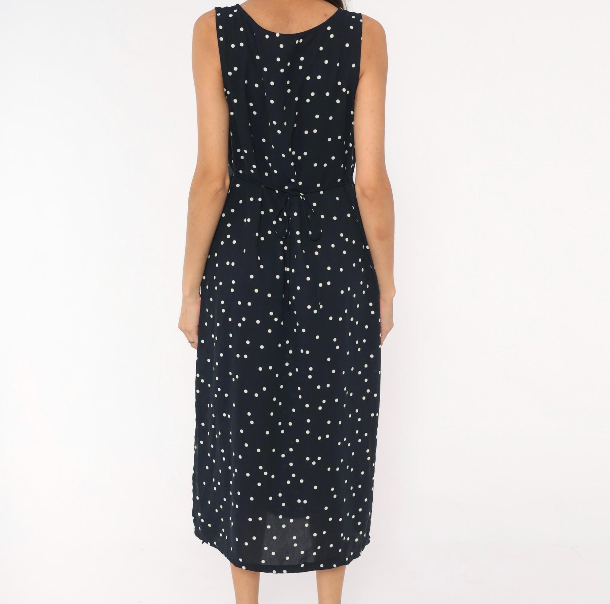 90s Navy Polka Dot Midi Dress Sleeveless Scoop Neck White Spotted Medium