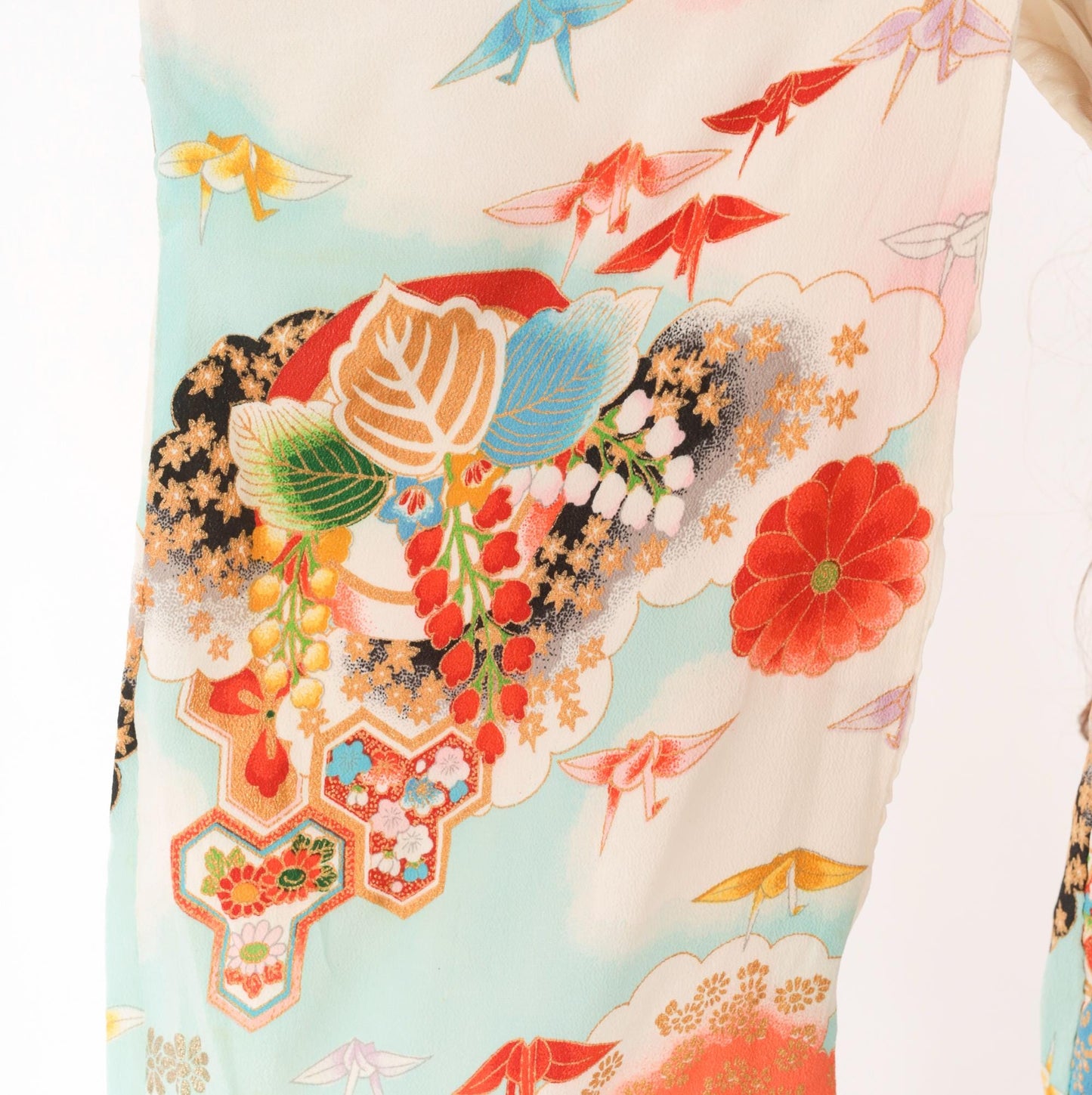 70s Japanese Kimono Jacket Origami Crane Floral Wrap Sky Blue Small S