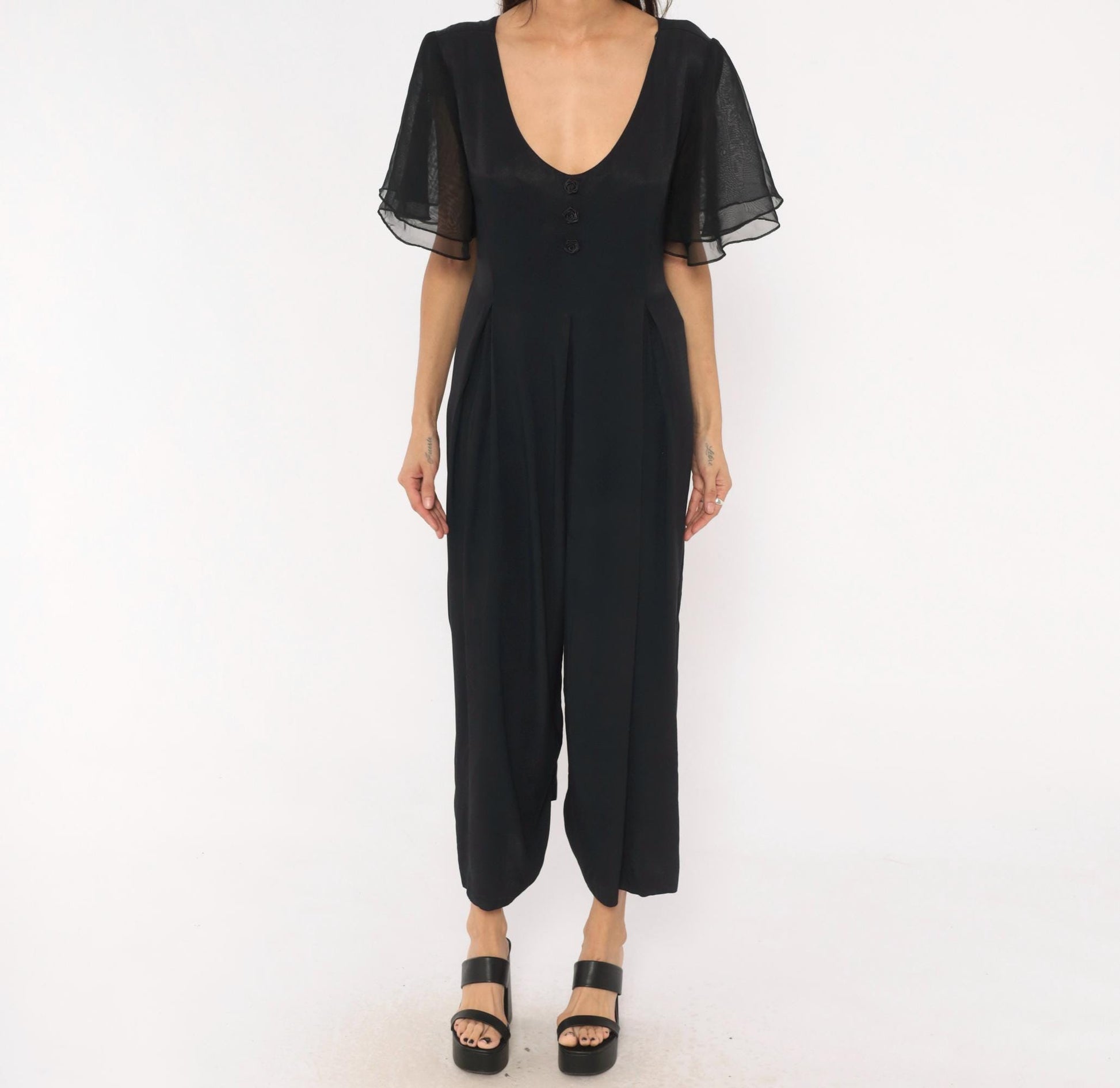 90s Jaffery & Dane Black Jumpsuit Flutter Sleeve Wide Leg Pleated Waist Large L