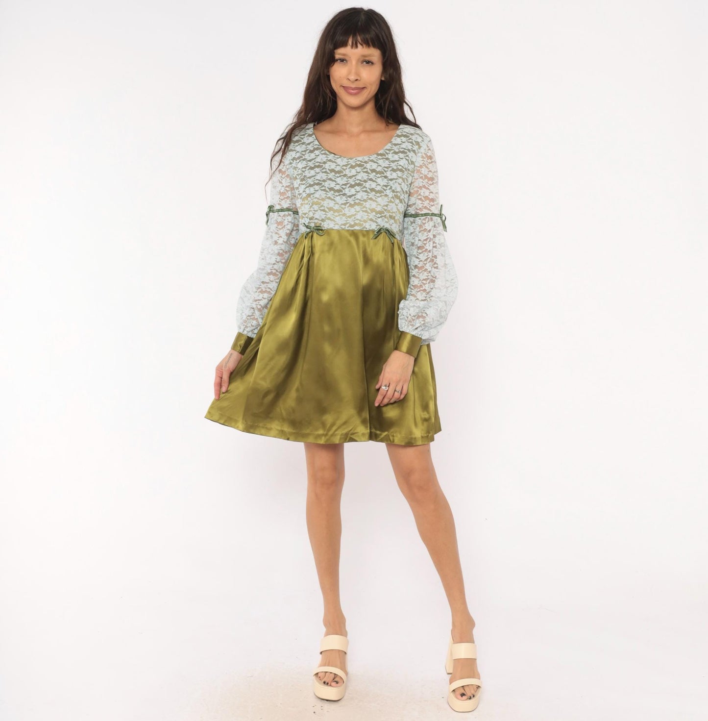 70s Olive Satin Babydoll Dress White Lace Empire Waist Balloon Sleeve Mini Medium