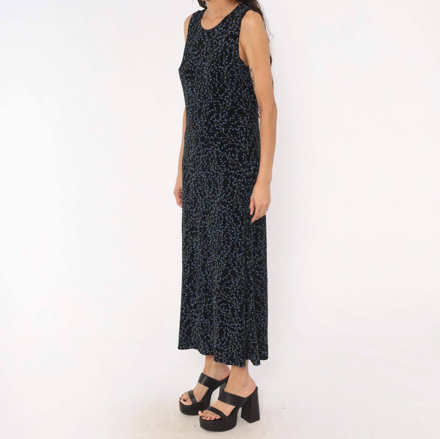90s Black Vine Print Maxi Dress Blue Leaf Scoop Neck Tank Medium Large