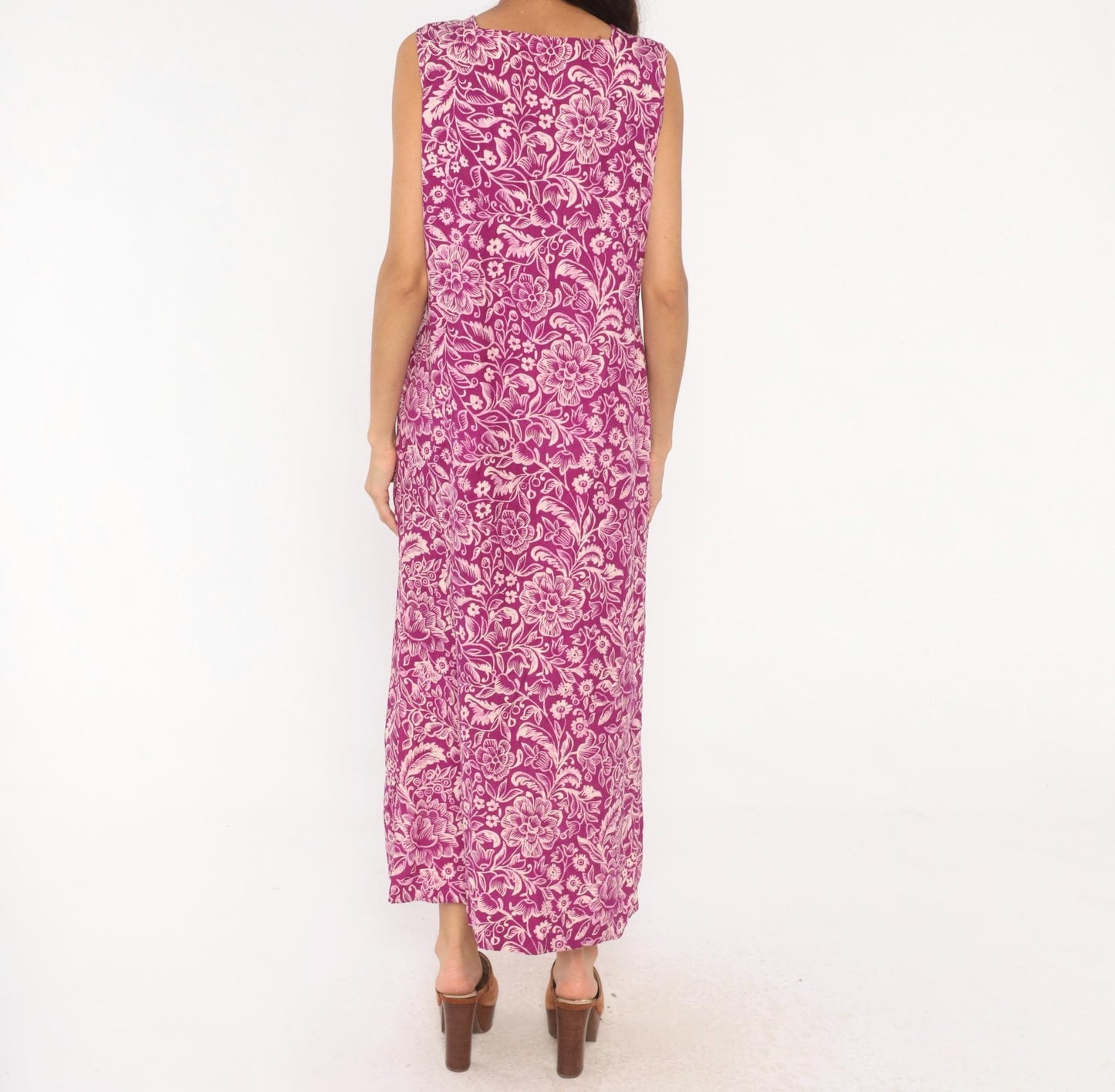 90s Rum Runner Silk Maxi Dress Purple Floral Botanical Print Medium M