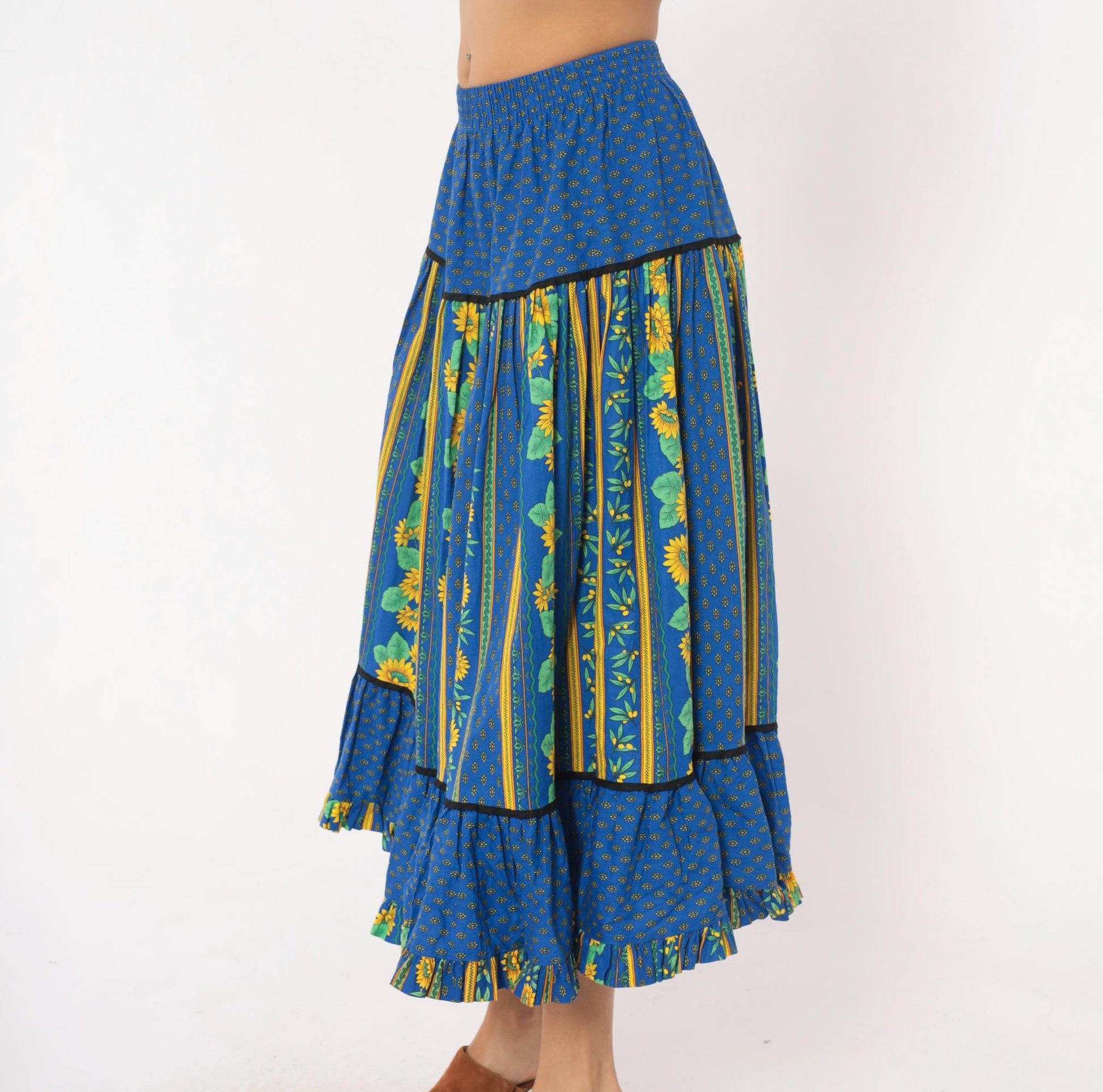 90s Solymod Sunflower Tiered Midi Skirt Blue Cotton Ruffle Small