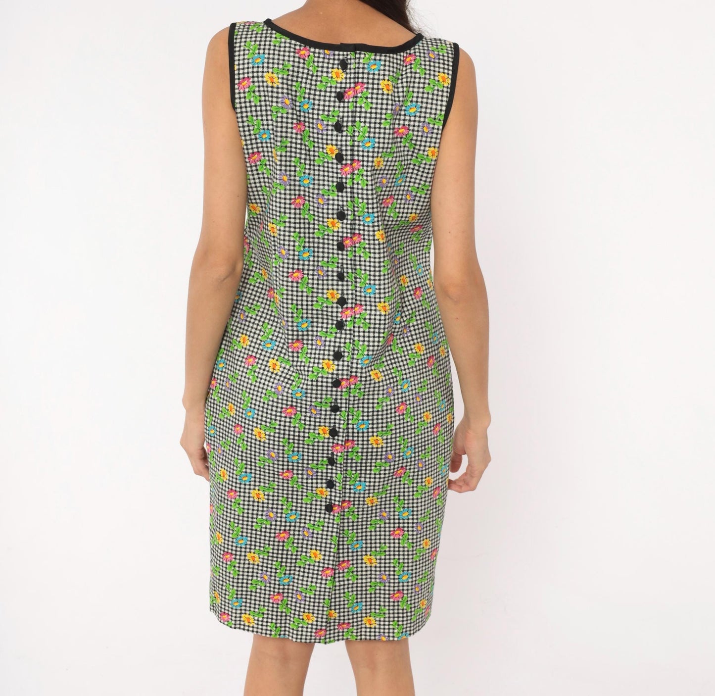 90s Misty Lane Gingham Daisy Shift Dress Cotton Black White Small