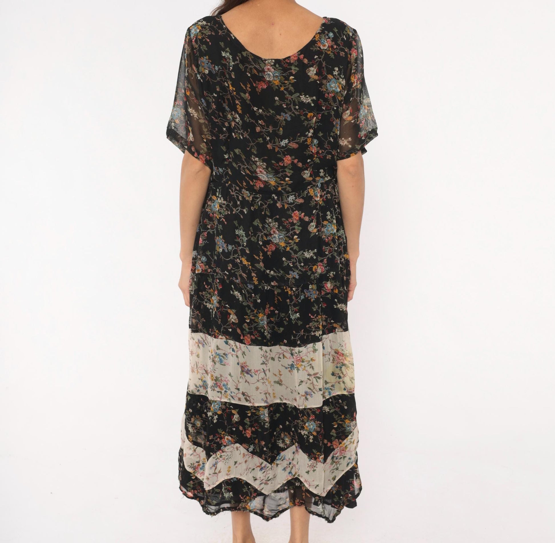 90s Bila Black Floral Maxi Dress Tiered Patchwork Short Sleeve Large L