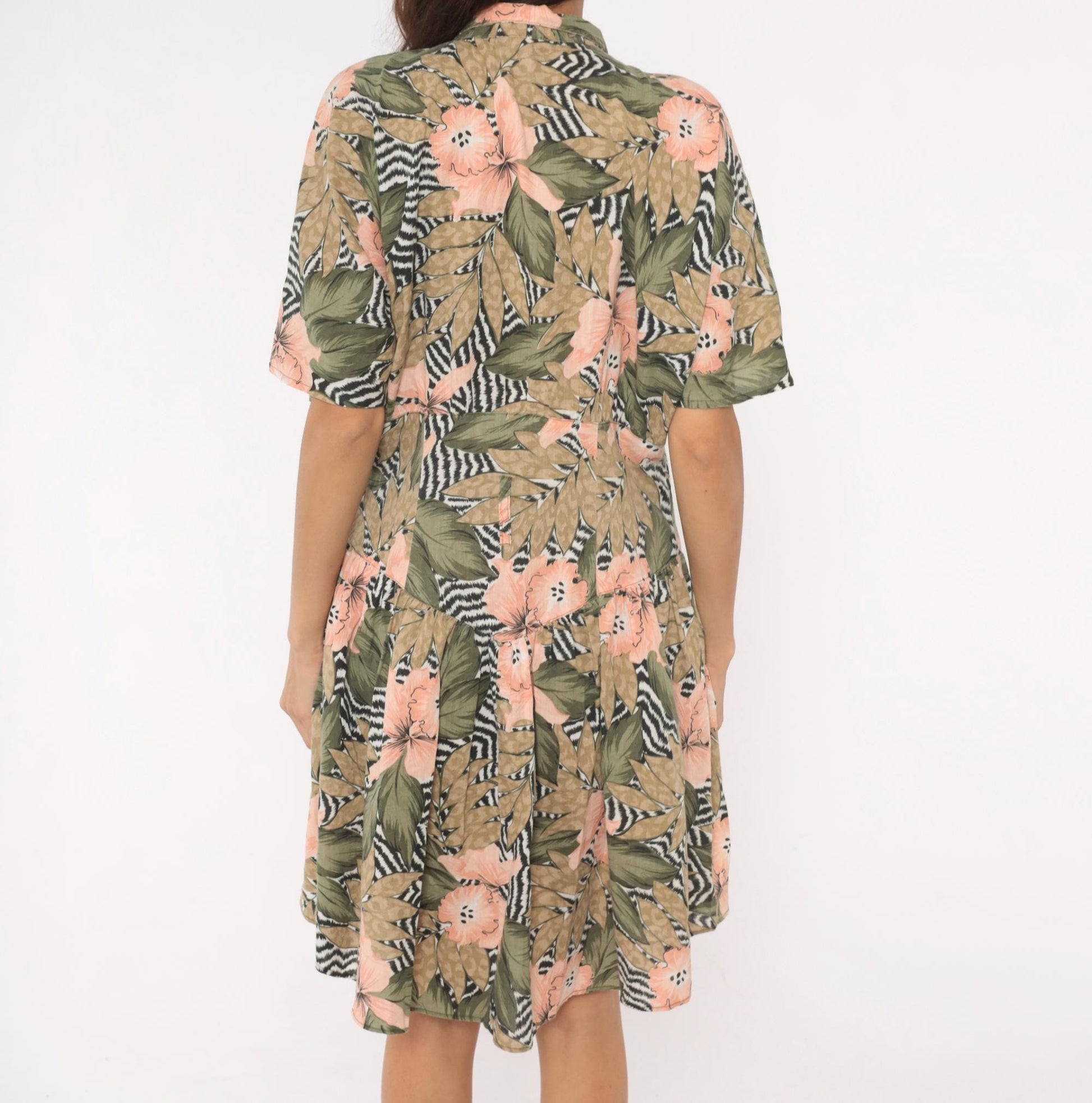 90s Tropical Hibiscus Shirt Dress Floral Print Drop Waist Snap Front Large L