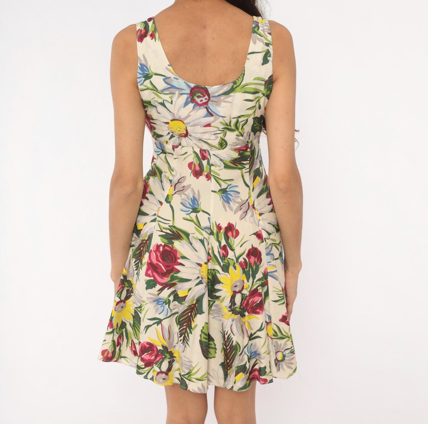 90s Esprit Floral Sundress Rose Daisy Print Button Front Cream Small